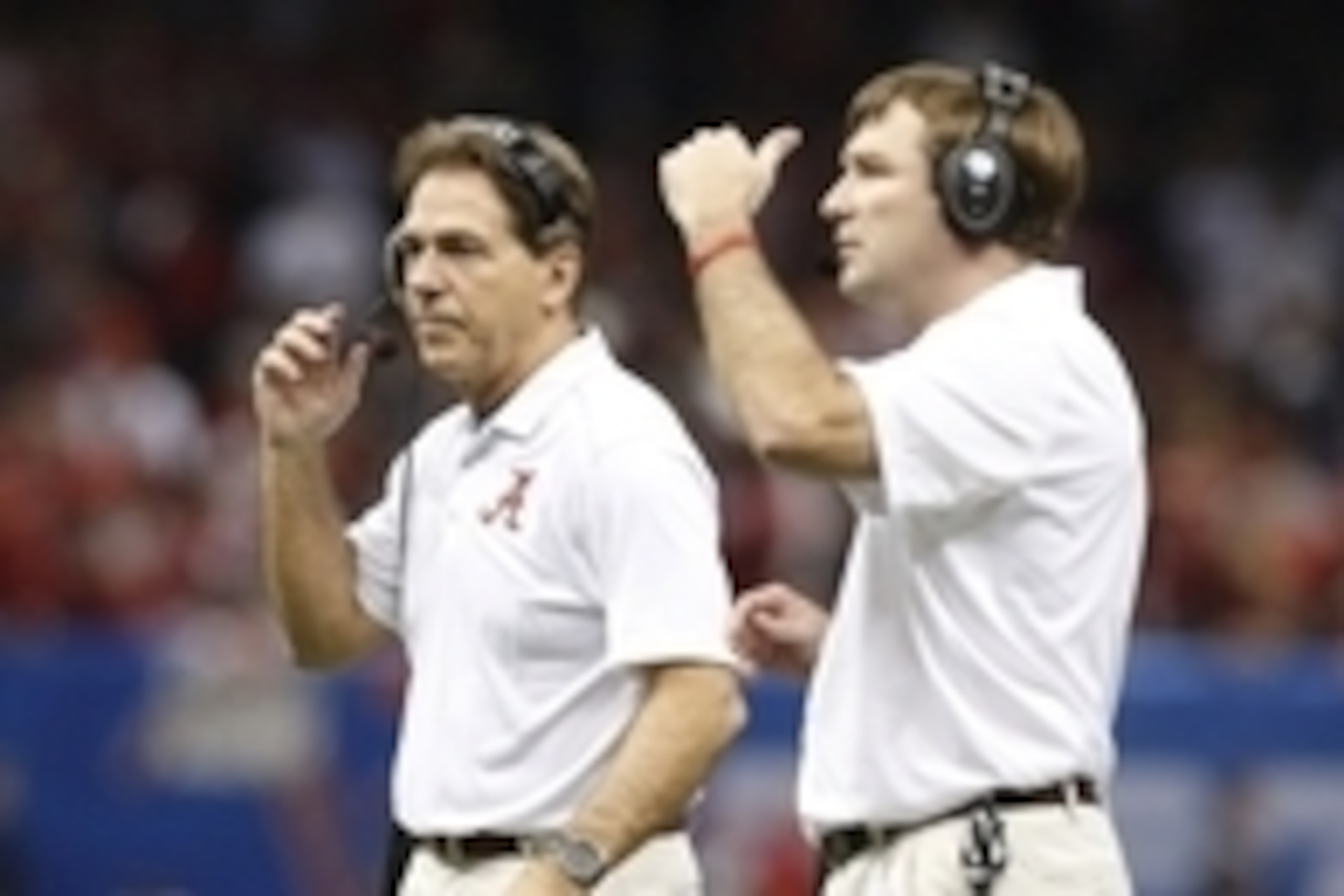 Jan 1, 2015; New Orleans, LA, USA; Alabama Crimson Tide head coach Nick Saban and defensive coordinator Kirby Smart (right) on the sidelines against the Ohio State Buckeyes in the 2015 Sugar Bowl at Mercedes-Benz Superdome. Mandatory Credit: Matthew Emmon