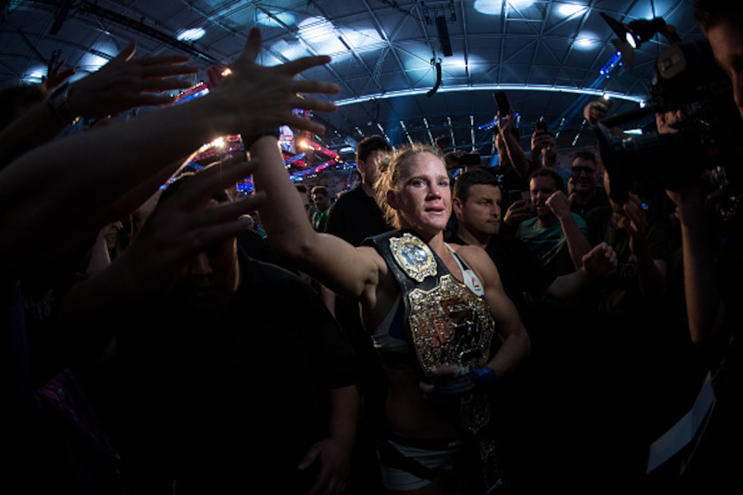 MELBOURNE, AUSTRALIA - NOVEMBER 15: New UFC women's bantamweight champion Holly Holm of the United States celebrates her victory over Ronda Rousey of the United States during the UFC 193 event at Etihad Stadium on November 15, 2015 in Melbourne, Australi MELBOURNE, AUSTRALIA - NOVEMBER 15: New UFC women's bantamweight champion Holly Holm of the United States celebrates her victory over Ronda Rousey of the United States during the UFC 193 event at Etihad Stadium on November 15, 2015 in Melbourne, Australi
