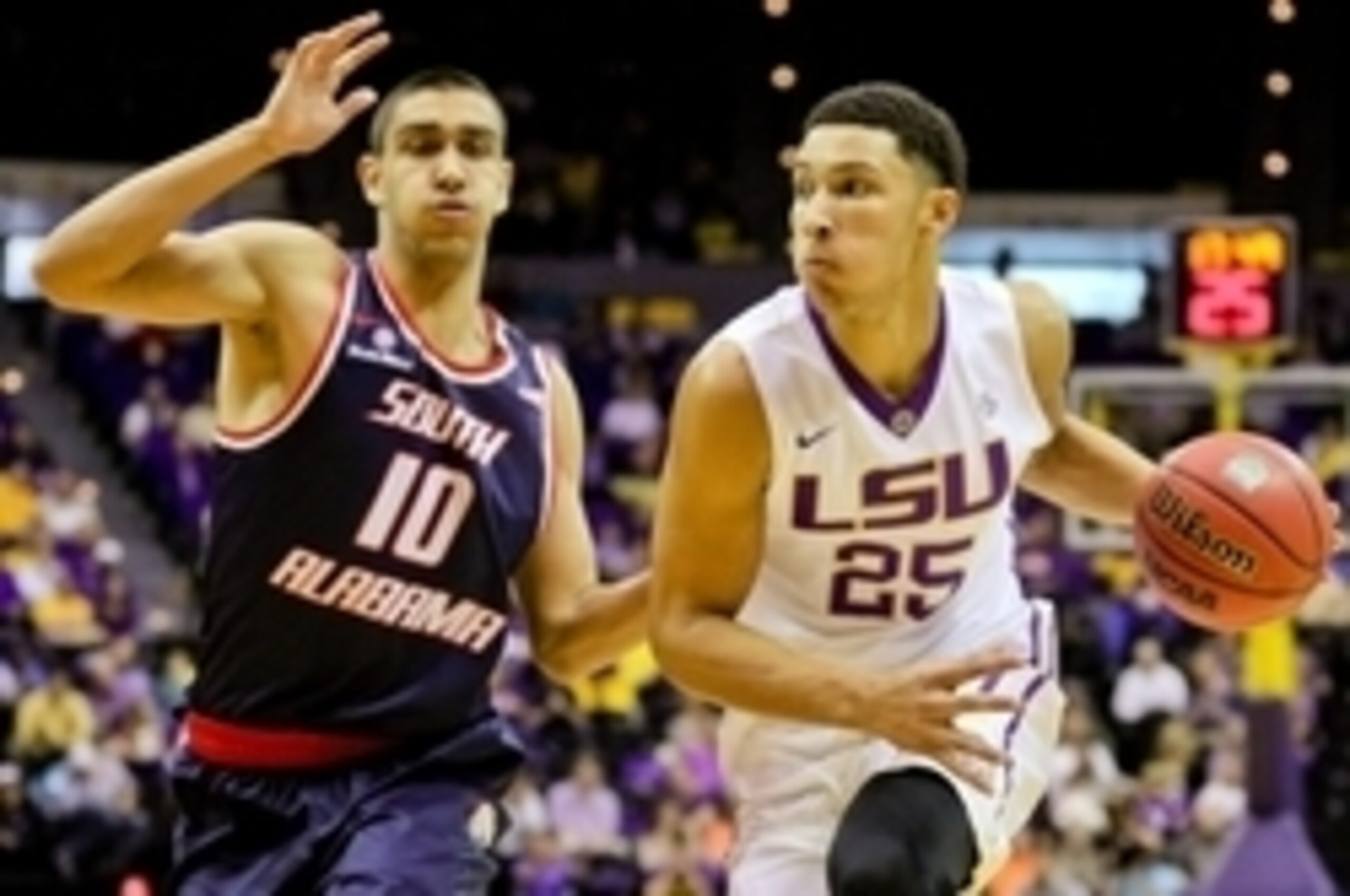 Nov 19, 2015; Baton Rouge, LA, USA; LSU Tigers forward Ben Simmons (25) drives past South Alabama Jaguars forward Georgi Boyanov (10) during the first half of a game at the Pete Maravich Assembly Center. Mandatory Credit: Derick E. Hingle-USA TODAY Sports Nov 19, 2015; Baton Rouge, LA, USA; LSU Tigers forward Ben Simmons (25) drives past South Alabama Jaguars forward Georgi Boyanov (10) during the first half of a game at the Pete Maravich Assembly Center. Mandatory Credit: Derick E. Hingle-USA TODAY Sports