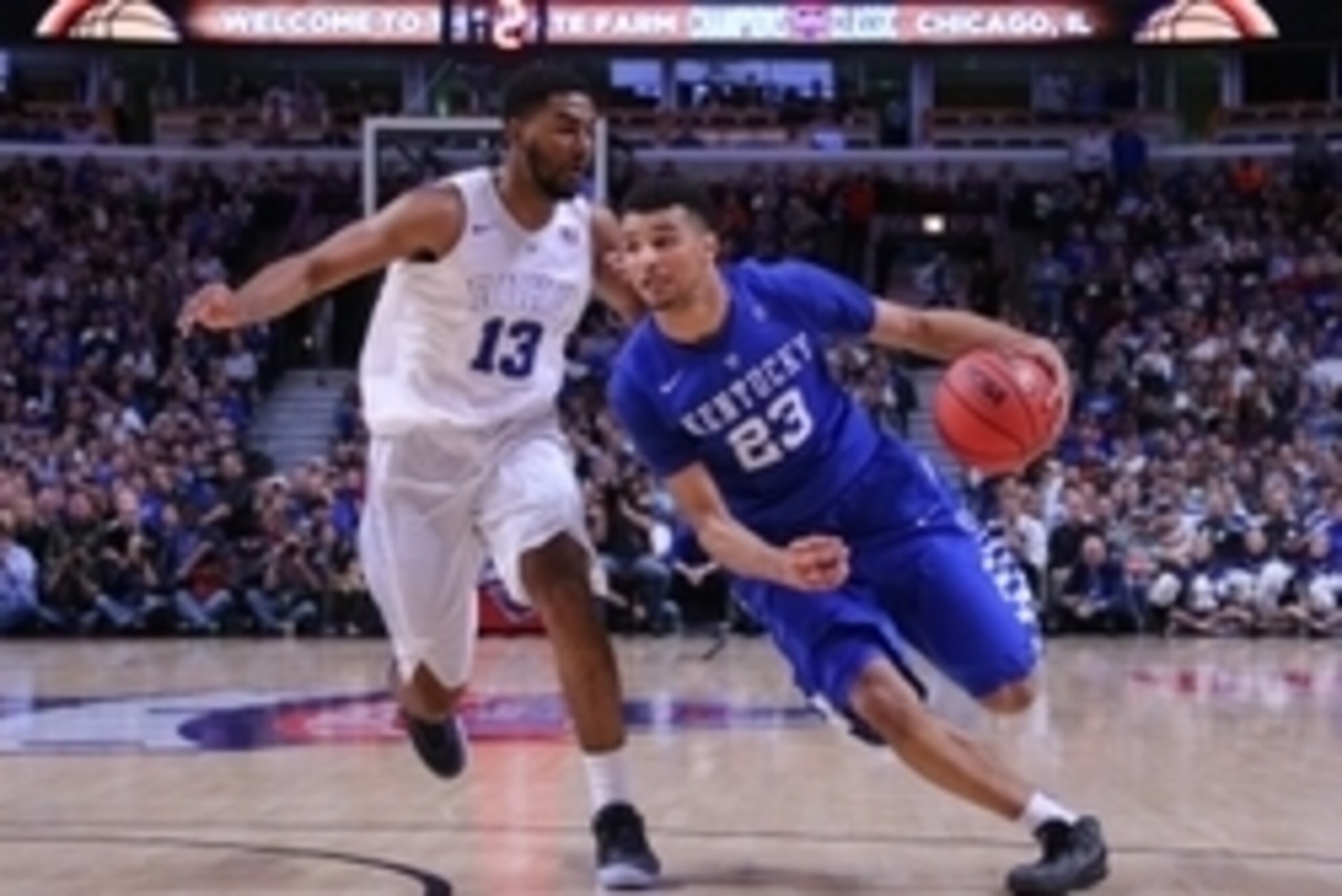 Nov 17, 2015; Chicago, IL, USA; Kentucky Wildcats guard Jamal Murray (23) moves past Duke Blue Devils guard Matt Jones (13) during the second half at the United Center. Kentucky won 74-63. Mandatory Credit: Dennis Wierzbicki-USA TODAY Sports Nov 17, 2015; Chicago, IL, USA; Kentucky Wildcats guard Jamal Murray (23) moves past Duke Blue Devils guard Matt Jones (13) during the second half at the United Center. Kentucky won 74-63. Mandatory Credit: Dennis Wierzbicki-USA TODAY Sports