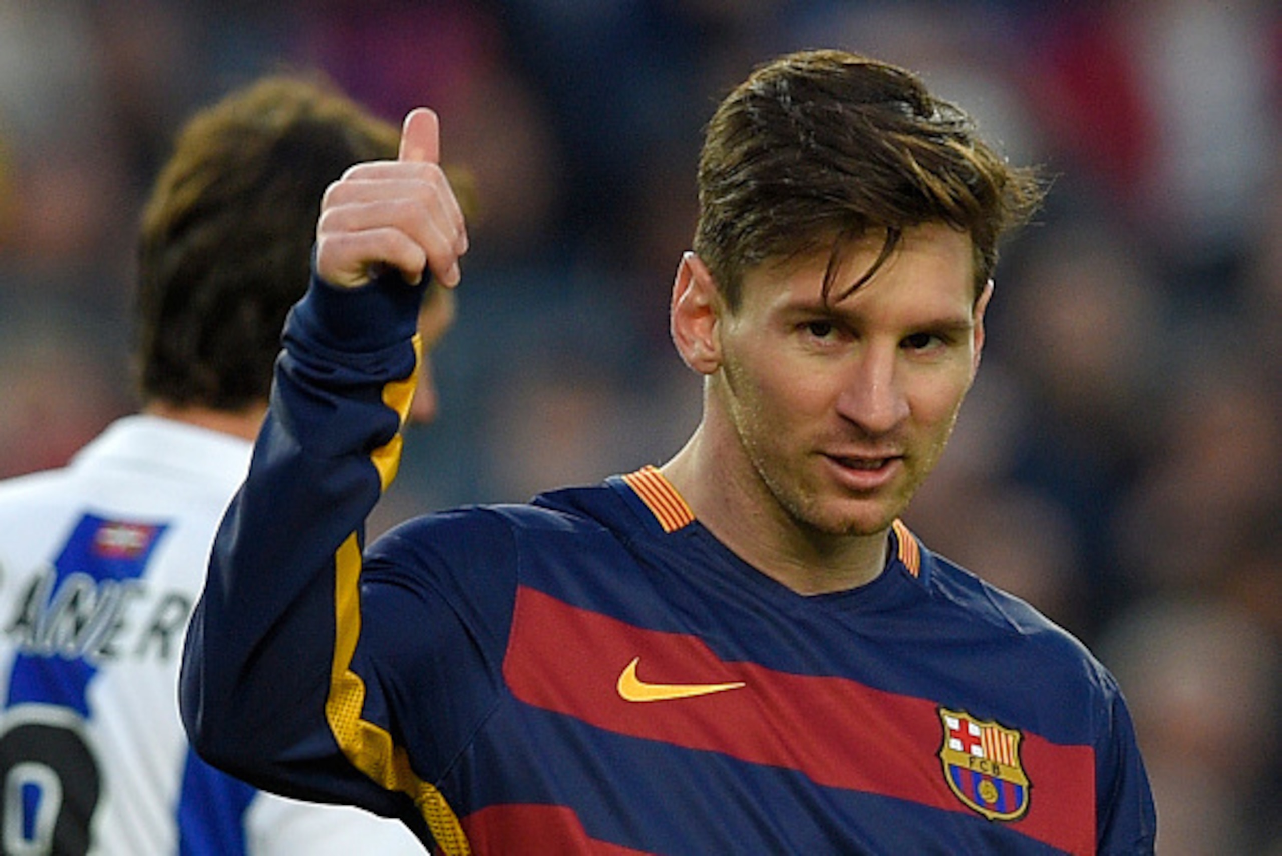 Barcelona's Argentinian forward Lionel Messi gestures during the Spanish league football match FC Barcelona vs Real Sociedad de Futbol at the Camp Nou stadium in Barcelona on November 28, 2015.   AFP PHOTO/ LLUIS GENE / AFP / LLUIS GENE        (Photo cred