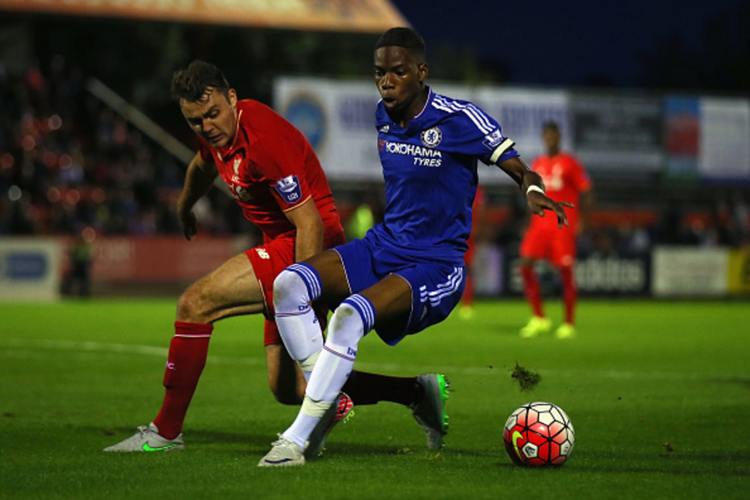 ALDERSHOT, ENGLAND - SEPTEMBER 11:  Charly Musonda of Chelsea avoids Conor Randall of Liverpool during the Premier League International Cup match between Chelsea U21 and Liverpool U21 on September 11, 2015 in Aldershot, England.  (Photo by Bryn Lennon/Get