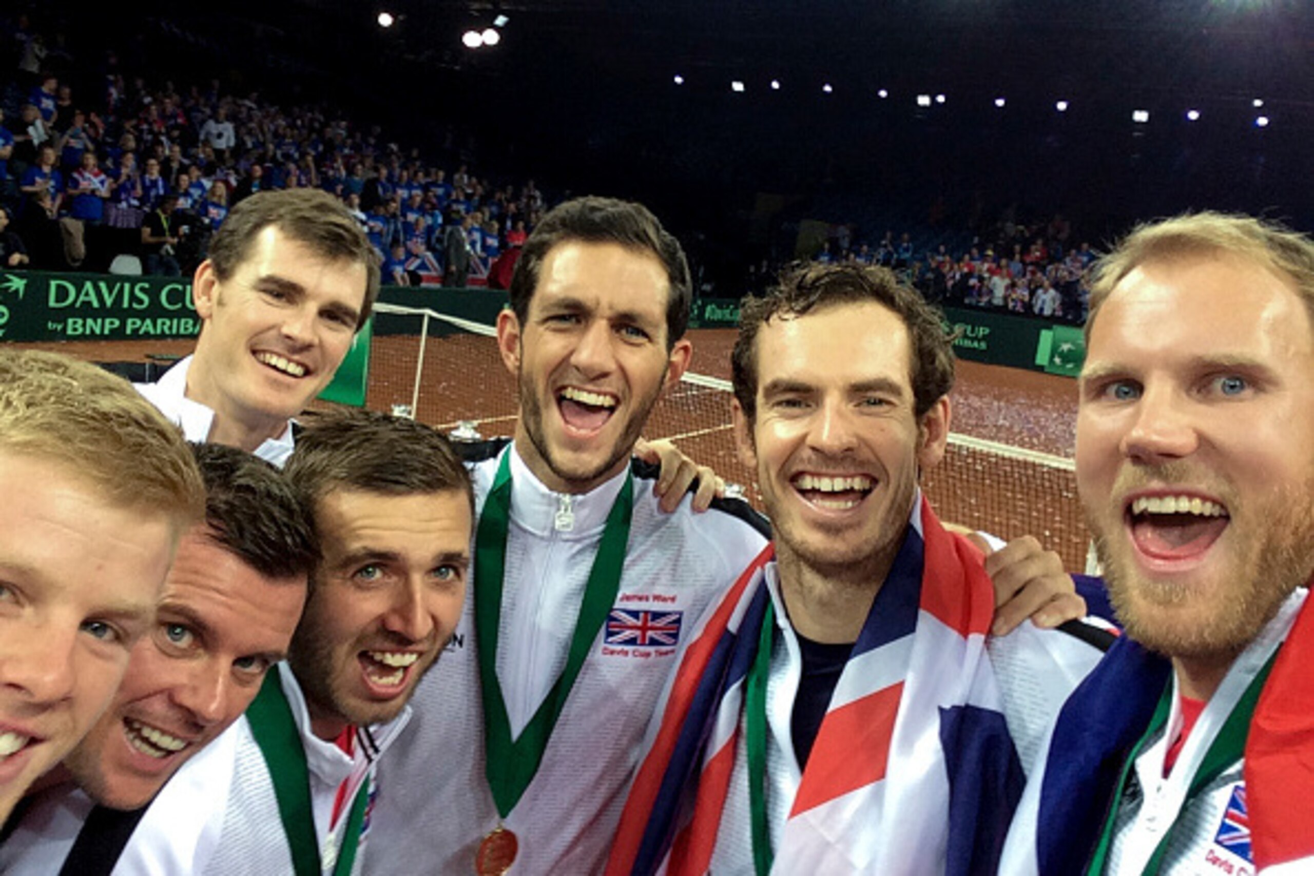 GHENT, BELGIUM - NOVEMBER 29:  In this handout photo provided by British Tennis, the Aegon GB Davis Cup Team of  Andy Murray, Jamie Murray, Dan Evans, Kyle Edmund, James Ward, Dom Inglot and Captain Leon Smith take a selfie after winning the Davis Cup Fin