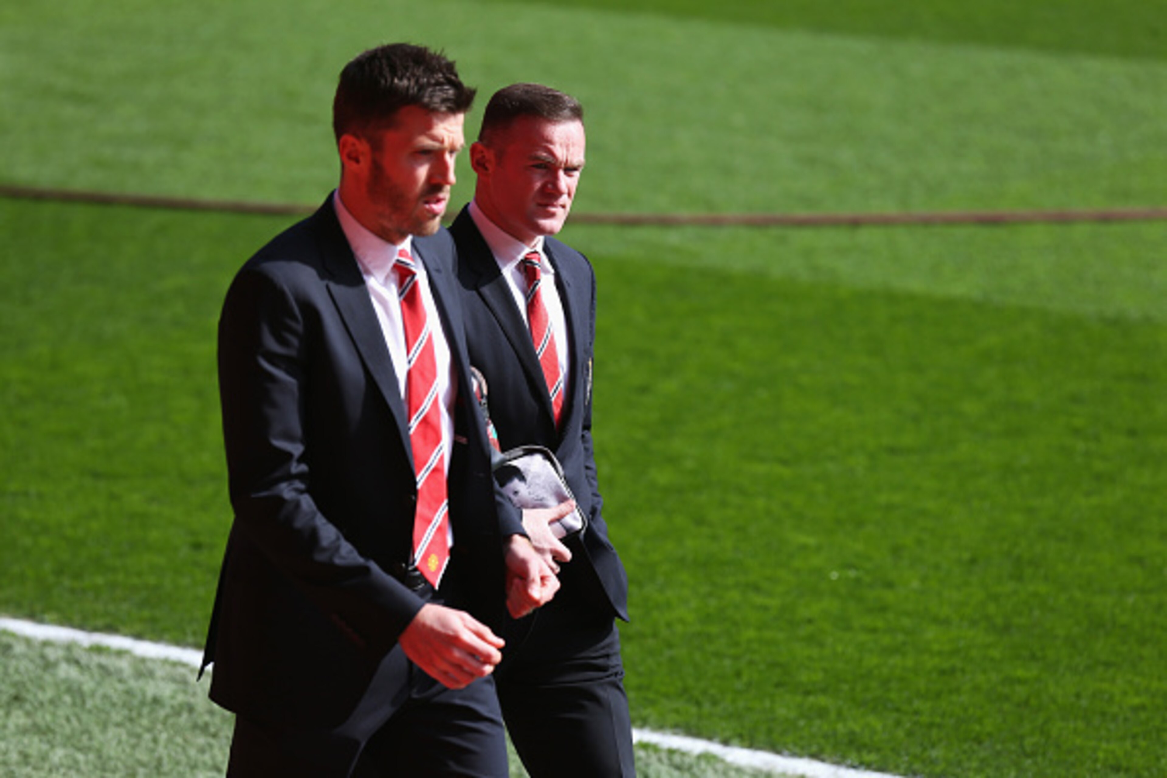 LIVERPOOL, ENGLAND - MARCH 22:  Wayne Rooney (R) and Michael Carrick of Manchester United arrive for the Barclays Premier League match between Liverpool and Manchester United at Anfield on March 22, 2015 in Liverpool, England.  (Photo by Alex Livesey/Gett