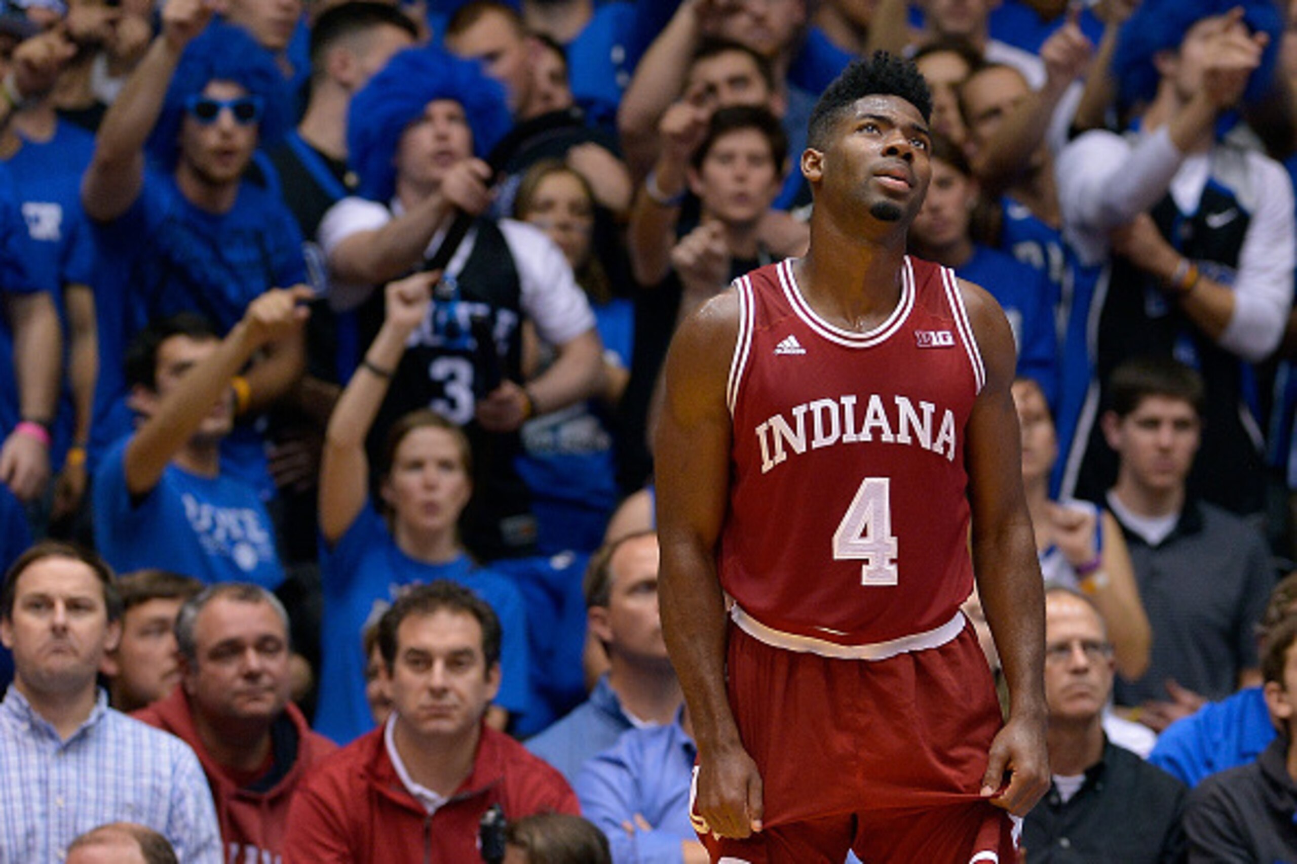 DURHAM, NC - DECEMBER 02: Robert Johnson #4 of the Indiana Hoosiers reacts after being called for a foul against the Duke Blue Devils during their game at Cameron Indoor Stadium on December 2, 2015 in Durham, North Carolina. Duke won 94-74. (Photo by Gr DURHAM, NC - DECEMBER 02: Robert Johnson #4 of the Indiana Hoosiers reacts after being called for a foul against the Duke Blue Devils during their game at Cameron Indoor Stadium on December 2, 2015 in Durham, North Carolina. Duke won 94-74. (Photo by Gr