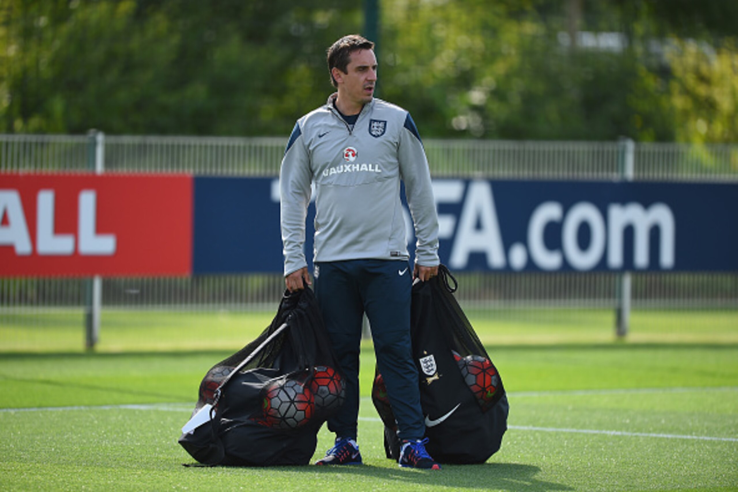 ENFIELD, ENGLAND - SEPTEMBER 07:  England assistant coach Gary Neville during a training session at Tottenham Hotspur Training Centre on September 7, 2015 in Enfield, England.  (Photo by Shaun Botterill/Getty Images)