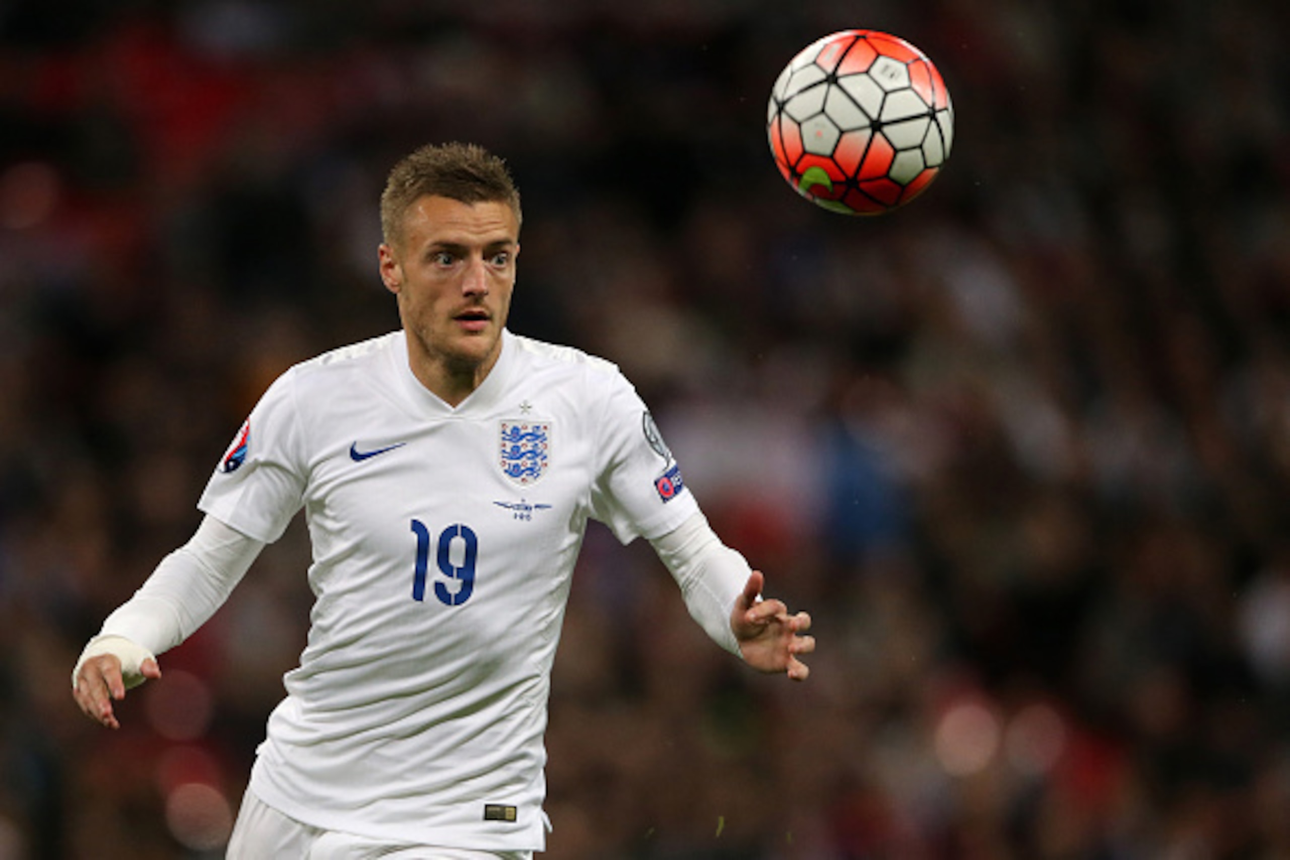 LONDON, ENGLAND - OCTOBER 09 :  Jamie Vardy of England during the UEFA Euro 2016 Qualifier match between England and Estonia at Wembley Stadium on October 9, 2015 in London, England.  (Photo by Matthew Ashton - AMA/Getty Images)