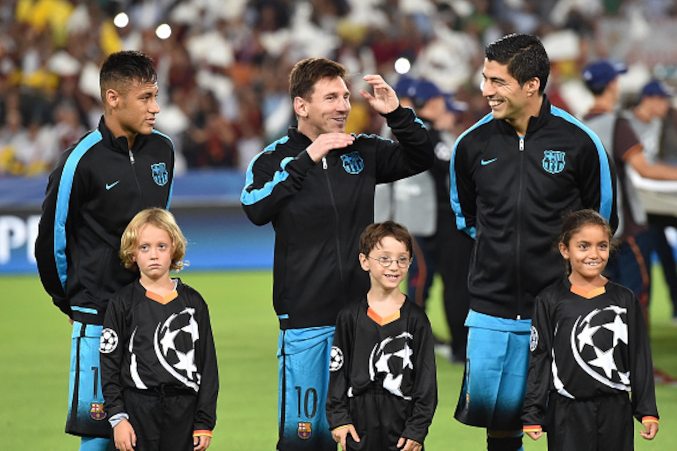 ROME, ITALY - SEPTEMBER 16: Neymar, Lionel Messi and Luis Suarez of FC Barcelona before the UEFA Champions League Group E match between AS Roma and FC Barcelona, at Olimpico Stadium on September 16, 2015 in Rome, Italy.  (Photo by Giuseppe Bellini/Getty I