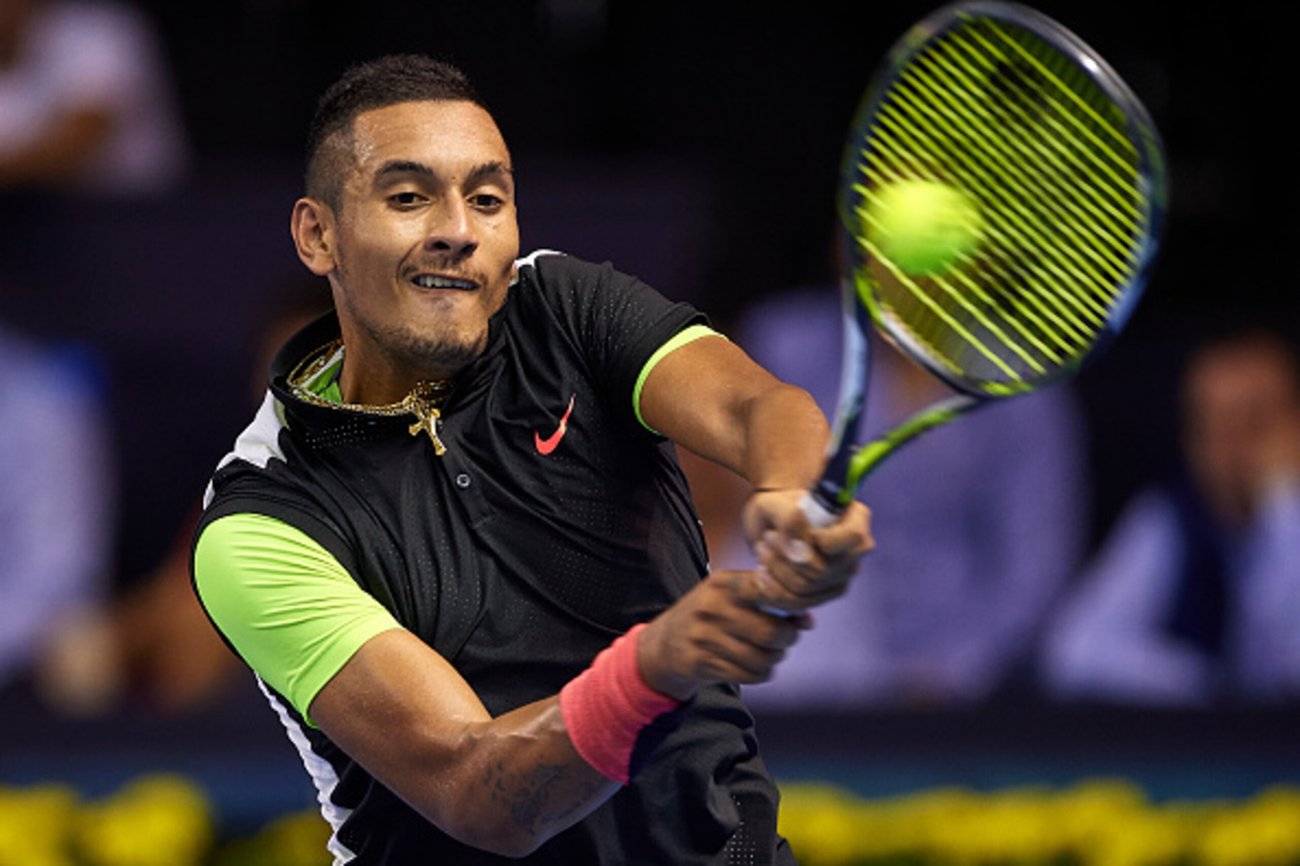 VALENCIA, SPAIN - OCTOBER 27: Nick Kyrgios of Australia returns a ball against Daniel Brands of Germany during day two of the ATP World Tour Valencia Open tennis tournament at the Ciudad de las Artes y las Ciencias on October 27, 2015 in Valencia, Spain. VALENCIA, SPAIN - OCTOBER 27: Nick Kyrgios of Australia returns a ball against Daniel Brands of Germany during day two of the ATP World Tour Valencia Open tennis tournament at the Ciudad de las Artes y las Ciencias on October 27, 2015 in Valencia, Spain.