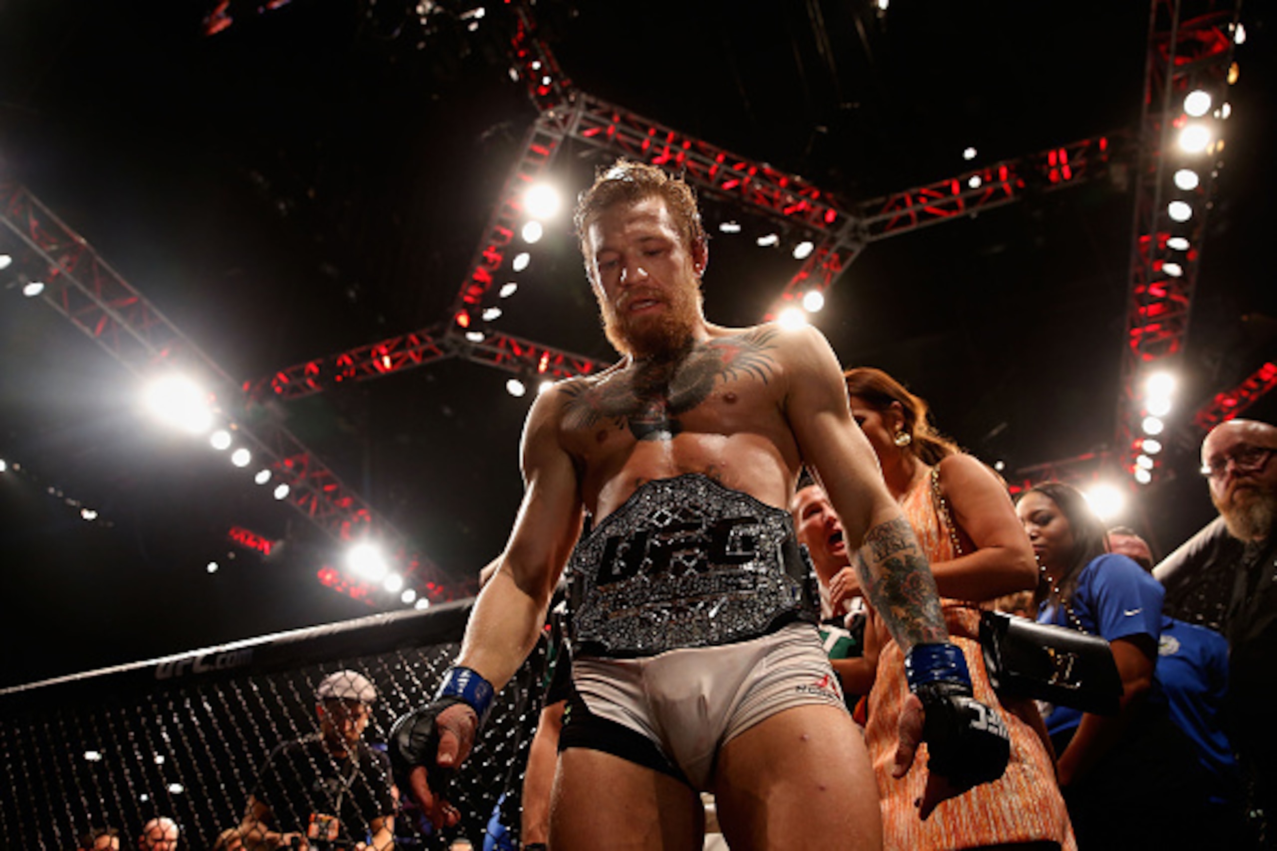 LAS VEGAS, NV - JULY 11:  Conor McGregor reacts to his victory over Chad Mendes in their UFC interim featherweight title fight during the UFC 189 event inside MGM Grand Garden Arena on July 11, 2015 in Las Vegas, Nevada.  (Photo by Christian Petersen/Zuff