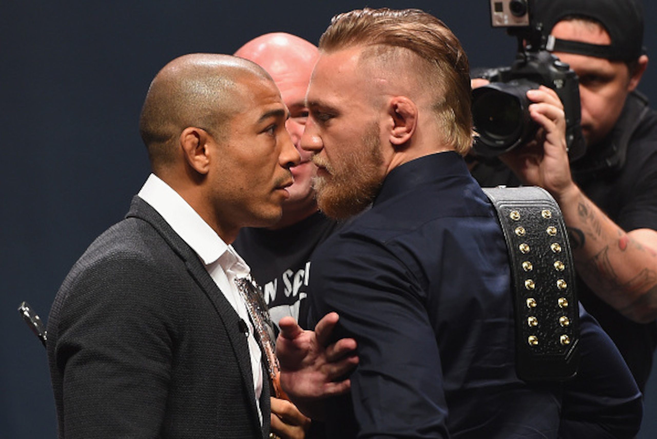 LAS VEGAS, NV - SEPTEMBER 04:  (L-R) UFC featherweight champion Jose Aldo and featherweight interim champion Conor McGregor face off during the UFC's Go Big launch event inside MGM Grand Garden Arena on September 4, 2015 in Las Vegas, Nevada.  (Photo by J