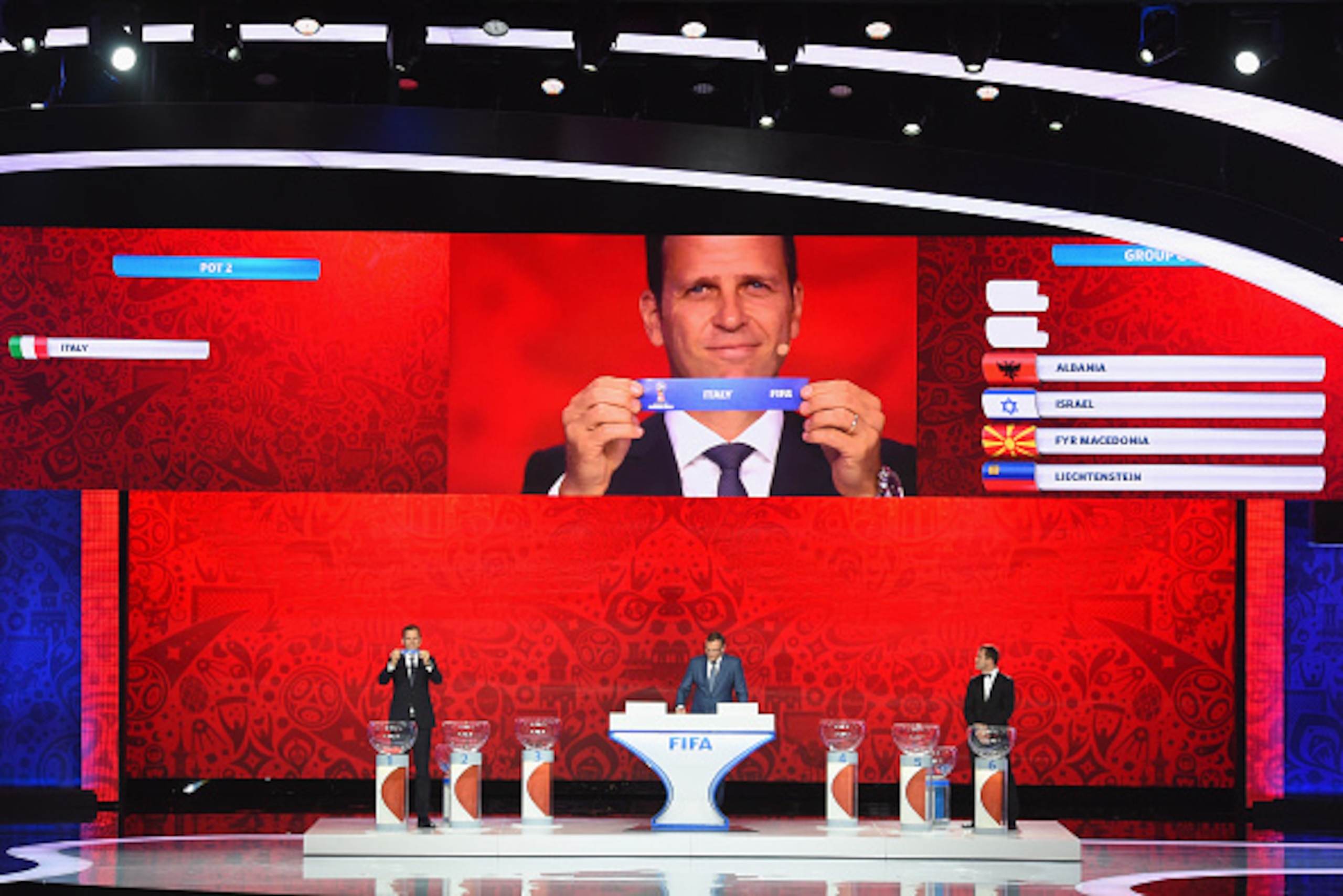 SAINT PETERSBURG, RUSSIA - JULY 25: Draw assistant Oliver Bierhoff holds up the name Italy during the European Zone draw at the Preliminary Draw of the 2018 FIFA World Cup in Russia at The Konstantin Palace on July 25, 2015 in Saint Petersburg, Russia. SAINT PETERSBURG, RUSSIA - JULY 25: Draw assistant Oliver Bierhoff holds up the name Italy during the European Zone draw at the Preliminary Draw of the 2018 FIFA World Cup in Russia at The Konstantin Palace on July 25, 2015 in Saint Petersburg, Russia.