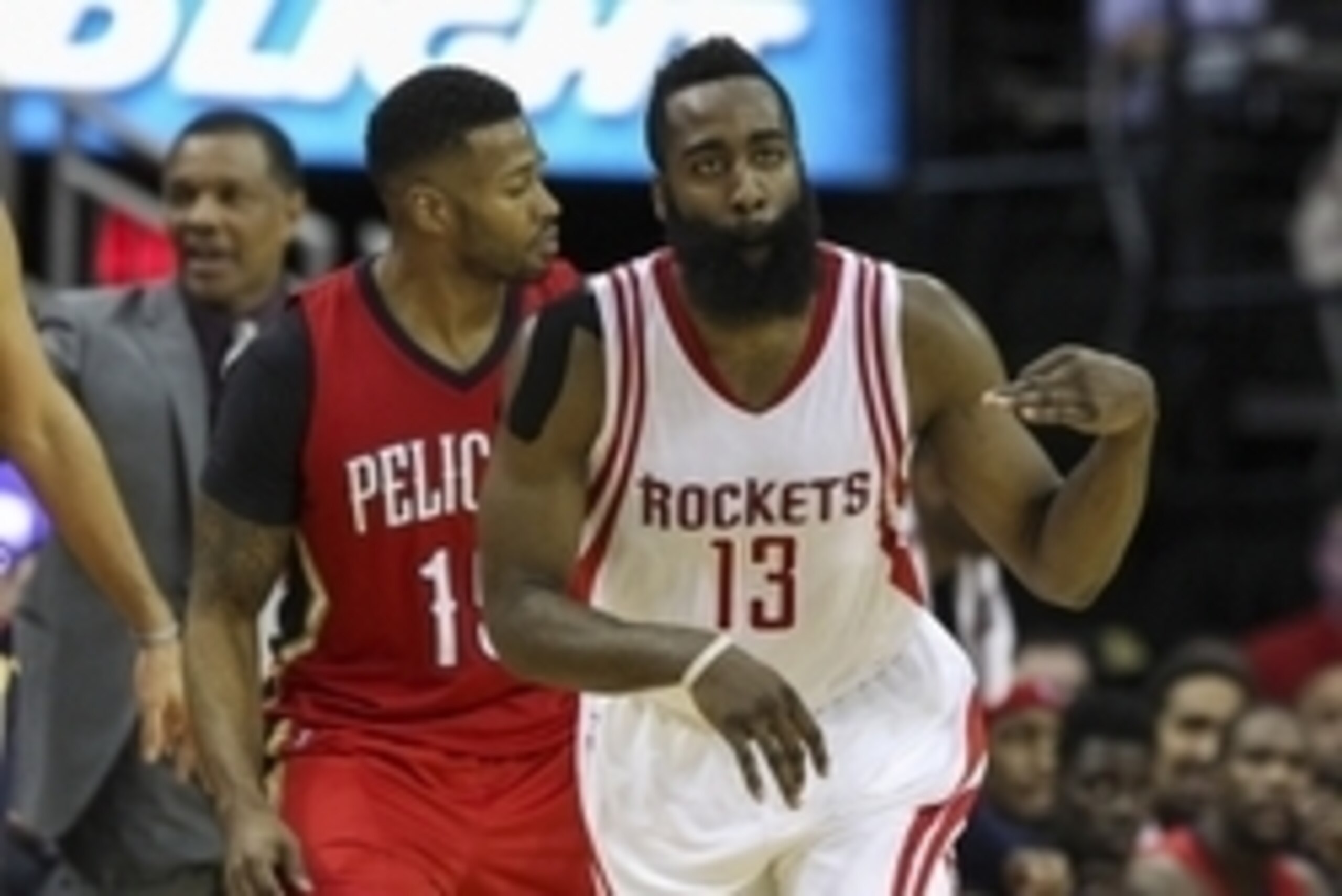 Dec 2, 2015; Houston, TX, USA; Houston Rockets guard James Harden (13) reacts after making a three point basket during the fourth quarter against the New Orleans Pelicans at Toyota Center. The Rockets defeated the Pelicans 108-101. Mandatory Credit: Troy Dec 2, 2015; Houston, TX, USA; Houston Rockets guard James Harden (13) reacts after making a three point basket during the fourth quarter against the New Orleans Pelicans at Toyota Center. The Rockets defeated the Pelicans 108-101. Mandatory Credit: Troy