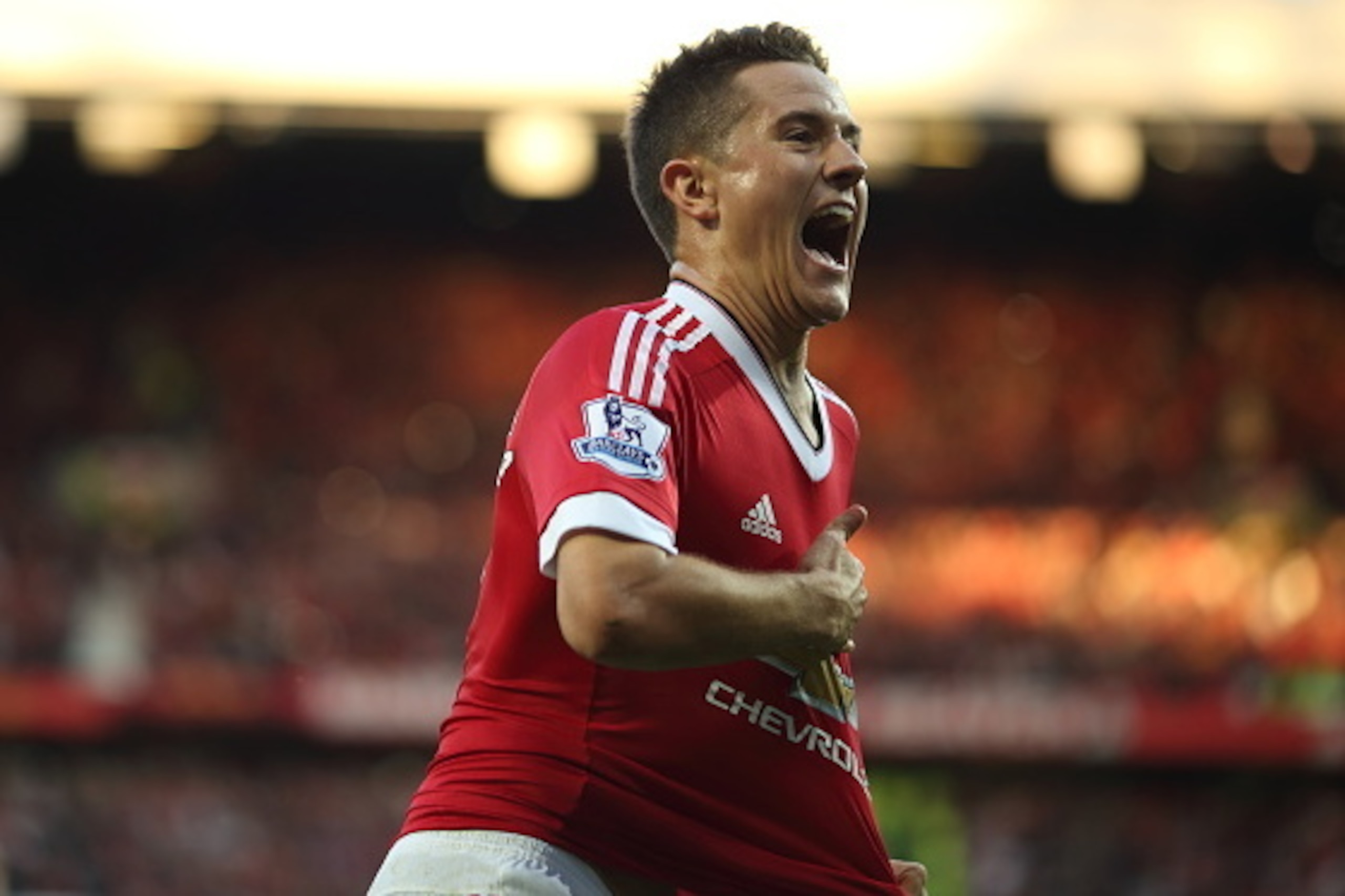 MANCHESTER, ENGLAND - SEPTEMBER 12:  Ander Herrera of Manchester United celebrates after scoring a goal to make it 2-0 during the Barclays Premier League match between Manchester United and Liverpool on September 12, 2015 in Manchester, United Kingdom.  (