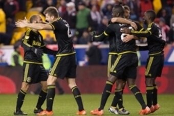 Nov 29, 2015; Harrison, NJ, USA; The Columbus Crew gather on the field and celebrate a victory in the second half of leg two of the Eastern Conference championship against the New York Red Bulls at Red Bull Arena. The Columbus Crew won with an aggregate s