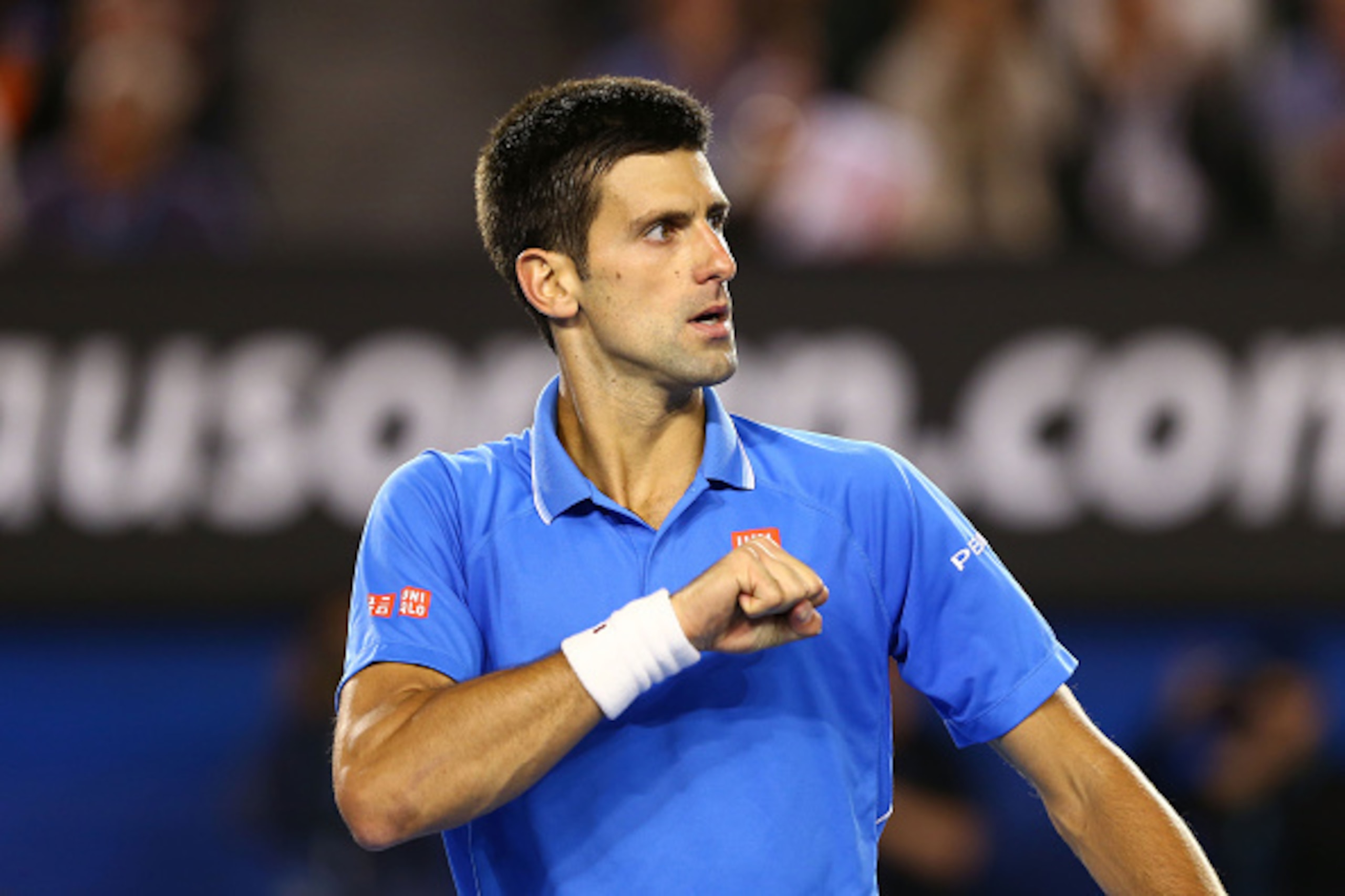 MELBOURNE, AUSTRALIA - FEBRUARY 01:  Novak Djokovic of Serbia celebrates a point in his men's final match against Andy Murray of Great Britain during day 14 of the 2015 Australian Open at Melbourne Park on February 1, 2015 in Melbourne, Australia.  (Photo