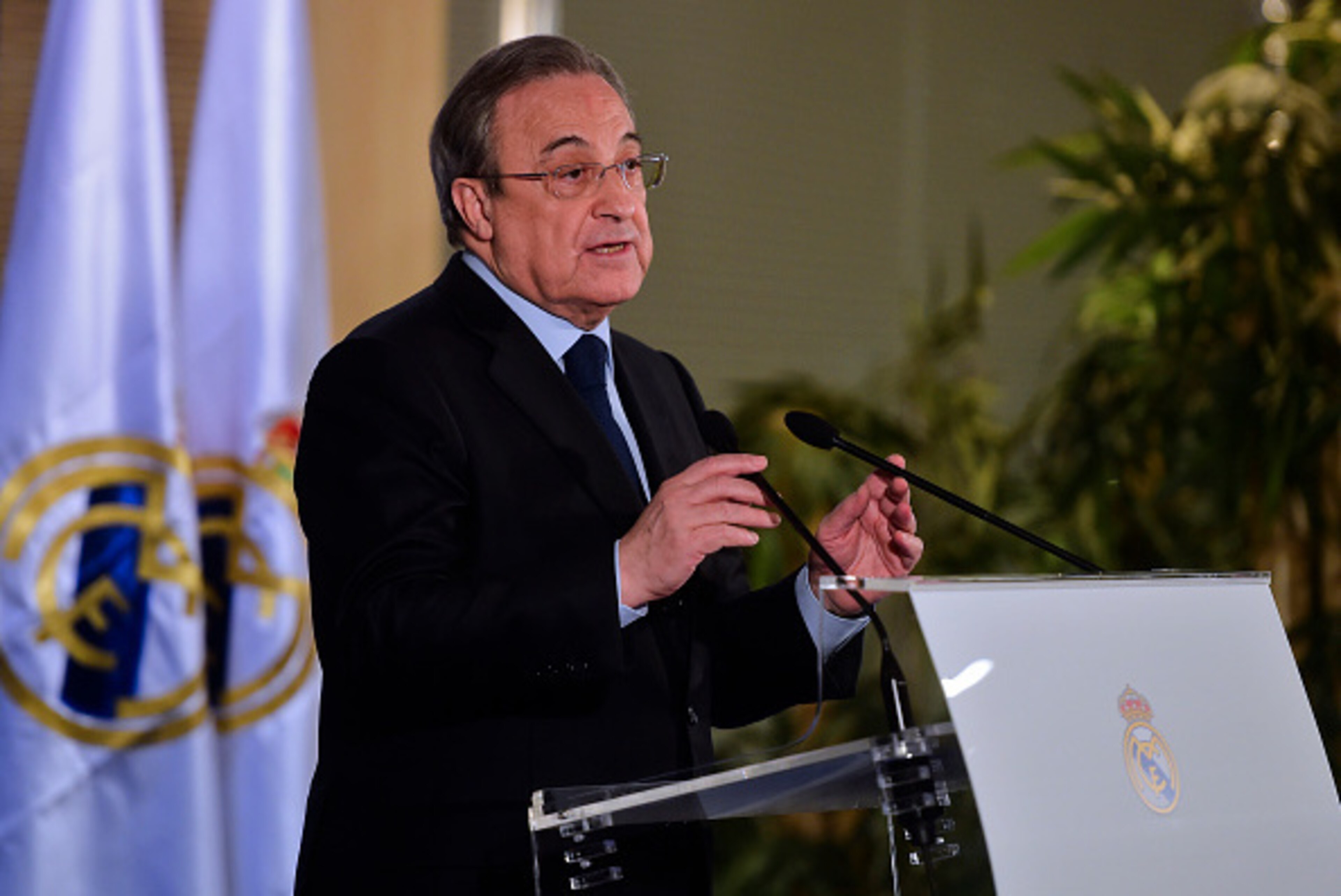 Real Madrid's president Florentino Perez gestures during a press conference at the Santiago Bernabeu stadium in Madrid on December 3, 2015, a day after the team fielded a suspended player during a match against Cadiz. Real Madrid edged closer to the Spani