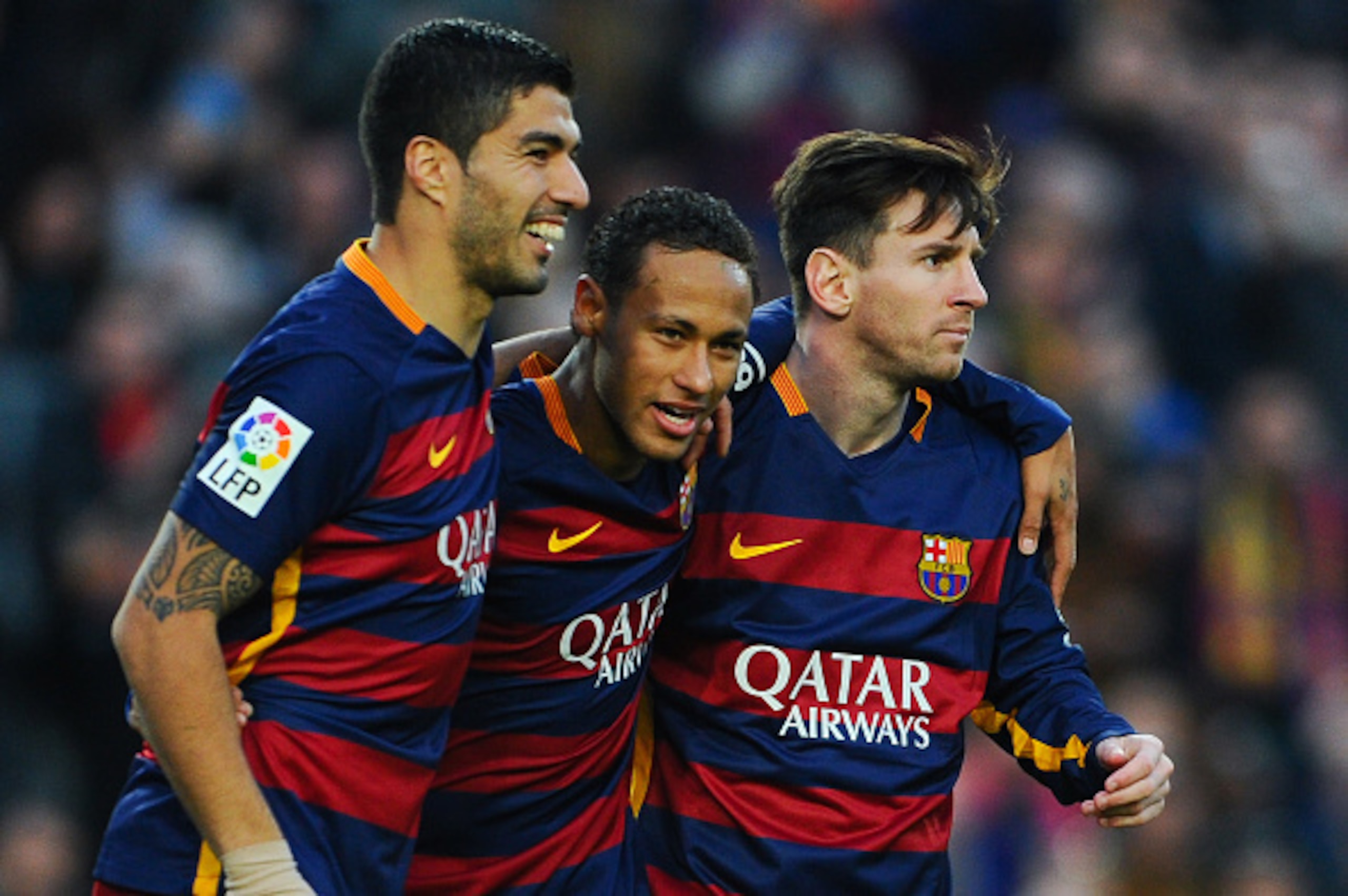 BARCELONA, SPAIN - NOVEMBER 28:  Neymar (C) of FC Barcelona celebrates with his teammates Luis Suarez (L) and Lionel Messi of FC Barcelonaa after scoring his team's third goal of FC Barcelonaduring the La Liga match between FC Barcelona and Real Sociedad 