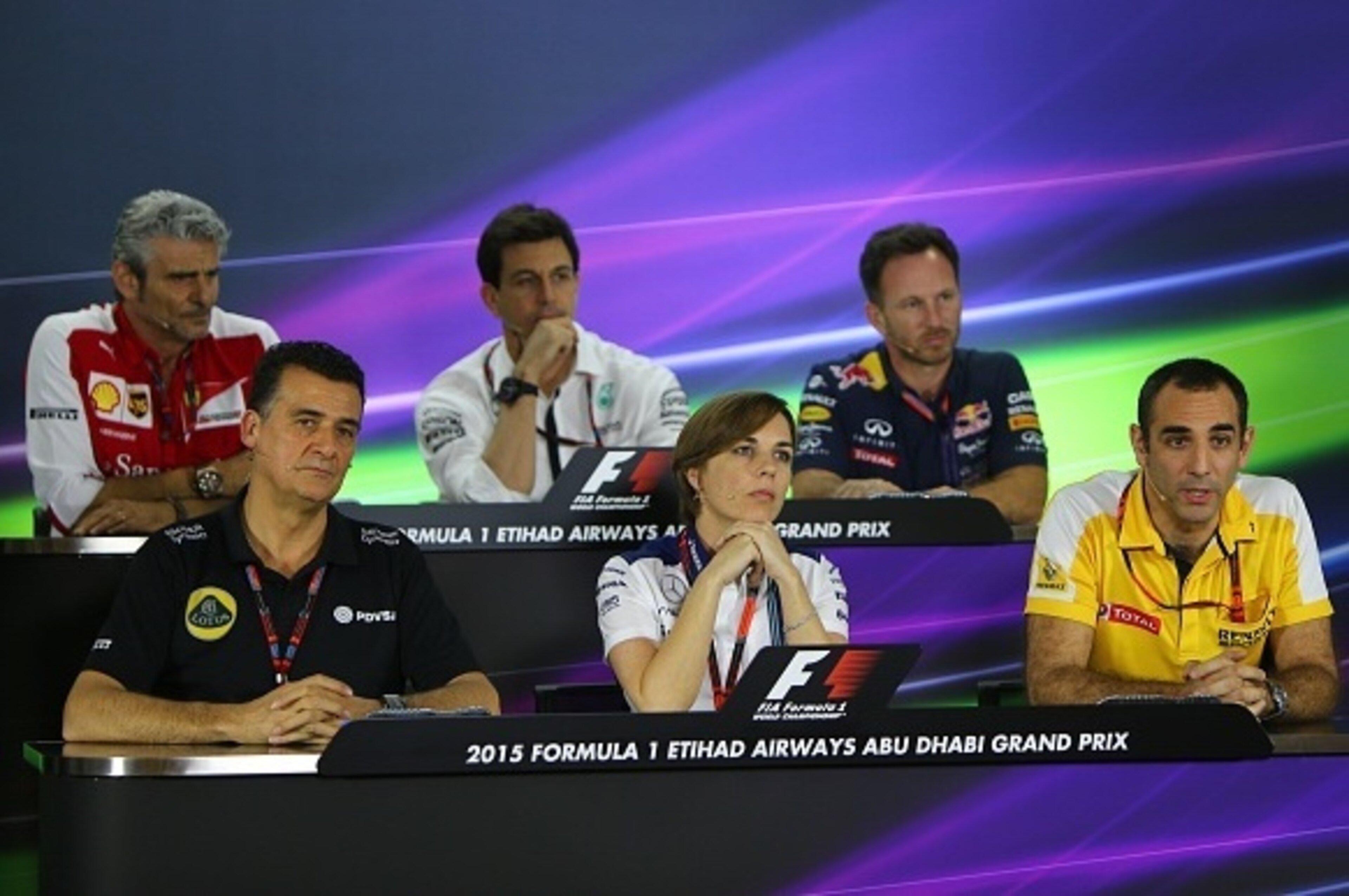 ((L to R) TOP) Ferrari'sTeam principal Maurizio Arrivabene (L) Mercedes AMG Petronas F1 Team's team principal Toto Wolff (C) and Infiniti Red Bull Racing's team principal Christian Horner (BOTTOM) Lotus F1 deputy principle Federico Gastaldi, Williams Mart