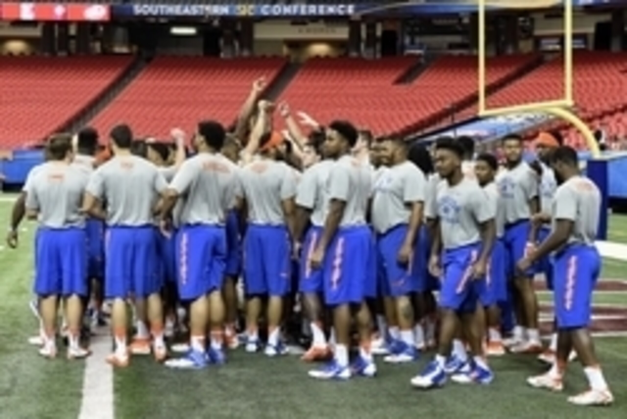 Dec 4, 2015; Atlanta , GA, USA; Florida Gators players huddle up before a short walk through practice at Georgia Dome. Florida will take on the Alabama Crimson Tide in the SEC Championship Saturday. Mandatory Credit: John David Mercer-USA TODAY Sports