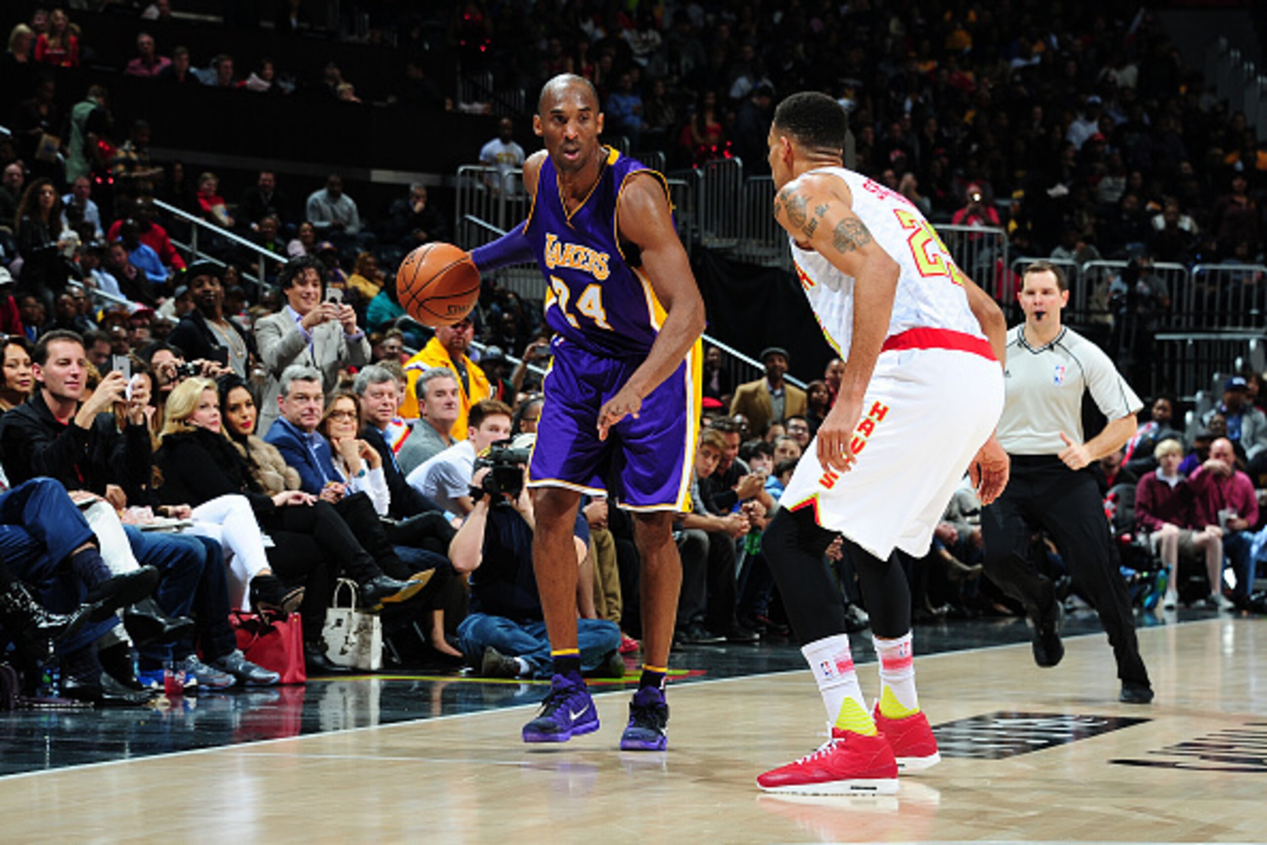 ATLANTA, GA - DECEMBER 4: Kobe Bryant #24 of the Los Angeles Lakers handles the ball during the game against the Atlanta Hawks on December 4, 2015 at Philips Arena in Atlanta, Georgia.  NOTE TO USER: User expressly acknowledges and agrees that, by downloa