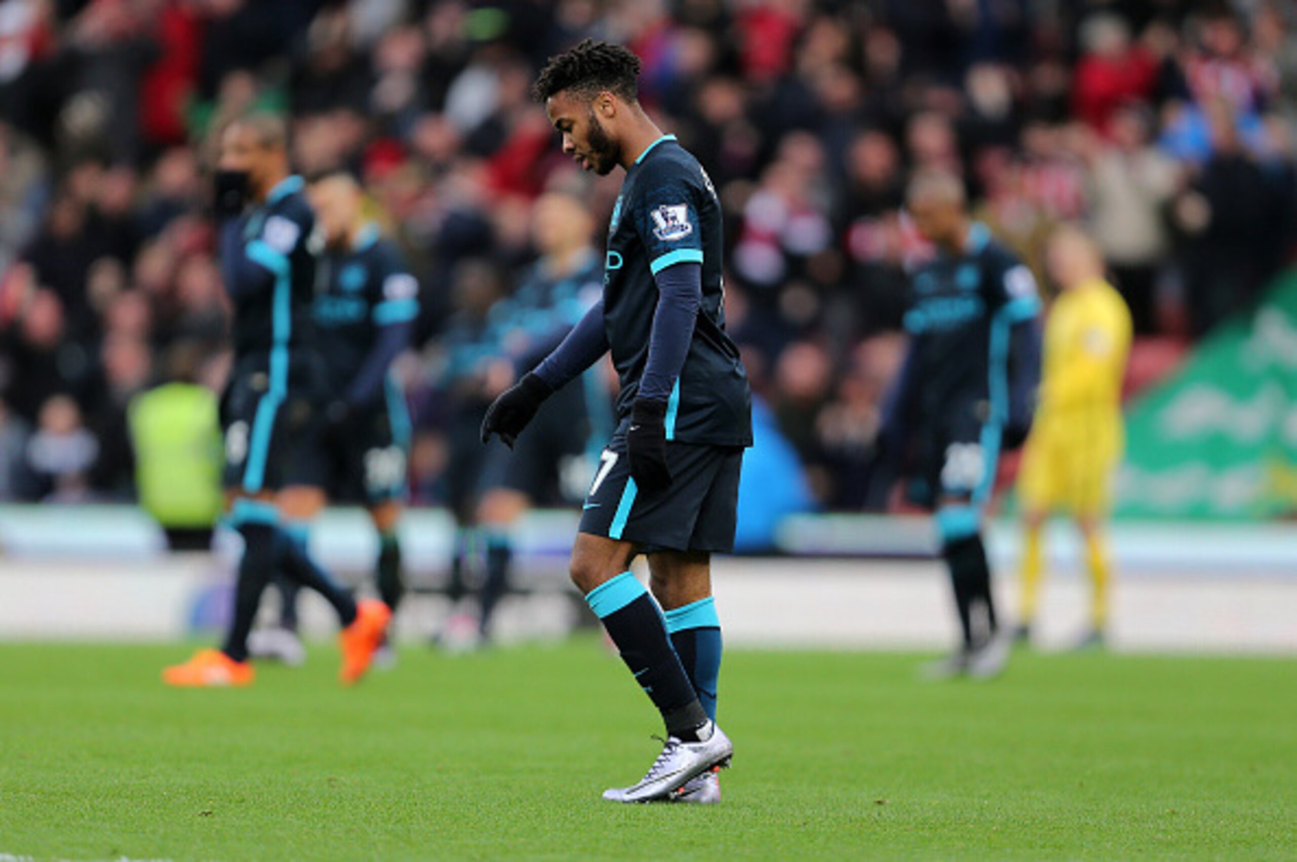 STOKE-ON-TRENT, ENGLAND - DECEMBER 05:  A dejected Raheem Sterling of Manchester City during the Barclays Premier League match between Stoke City and Manchester City at the Britannia Stadium on December 05, 2015 in Stoke-on-Trent, England.  (Photo by Jame