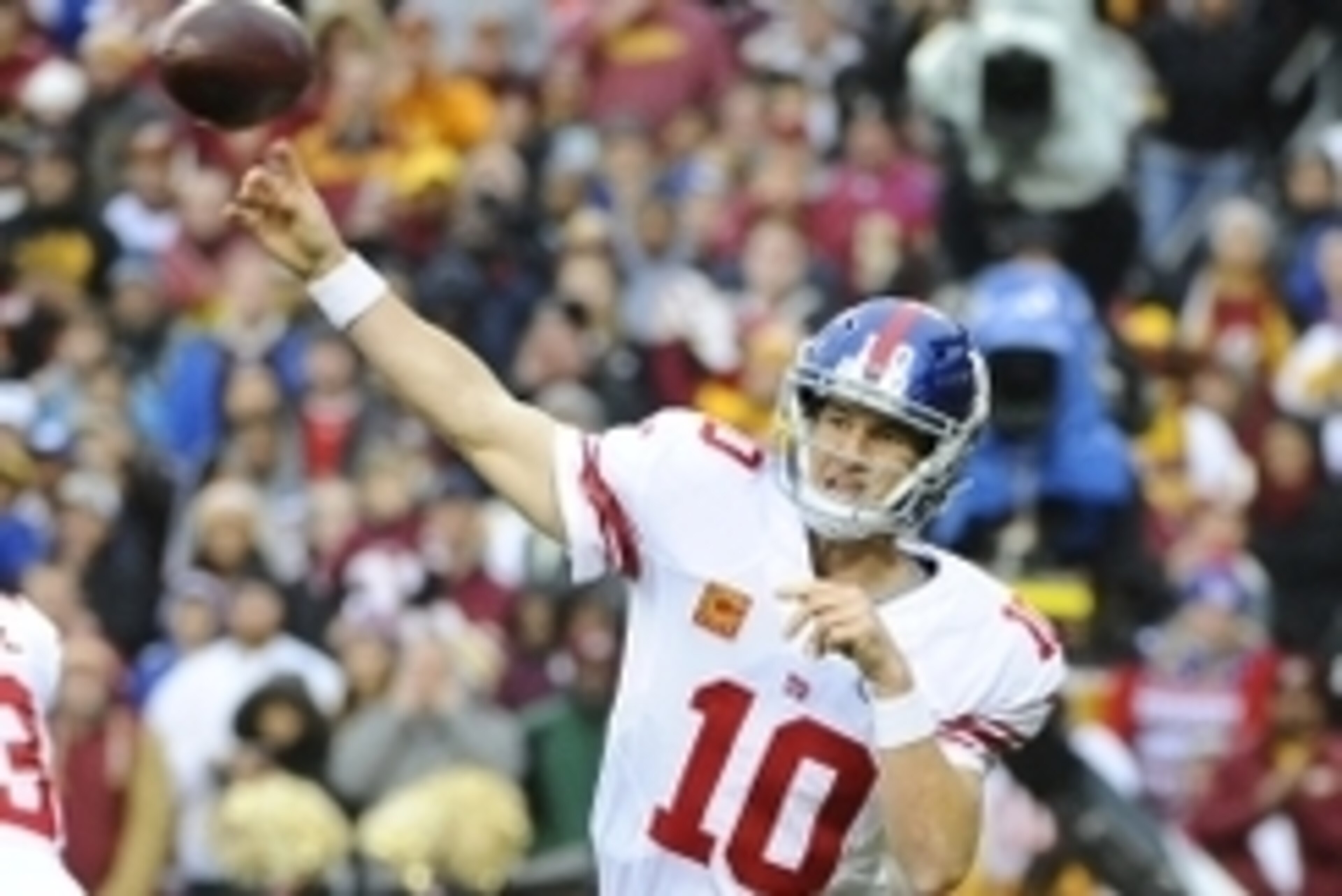 Nov 29, 2015; Landover, MD, USA; New York Giants quarterback Eli Manning (10) attempts a pass against the Washington Redskins during the second half at FedEx Field. The Redskins won 20-14. Mandatory Credit: Brad Mills-USA TODAY Sports Nov 29, 2015; Landover, MD, USA; New York Giants quarterback Eli Manning (10) attempts a pass against the Washington Redskins during the second half at FedEx Field. The Redskins won 20-14. Mandatory Credit: Brad Mills-USA TODAY Sports