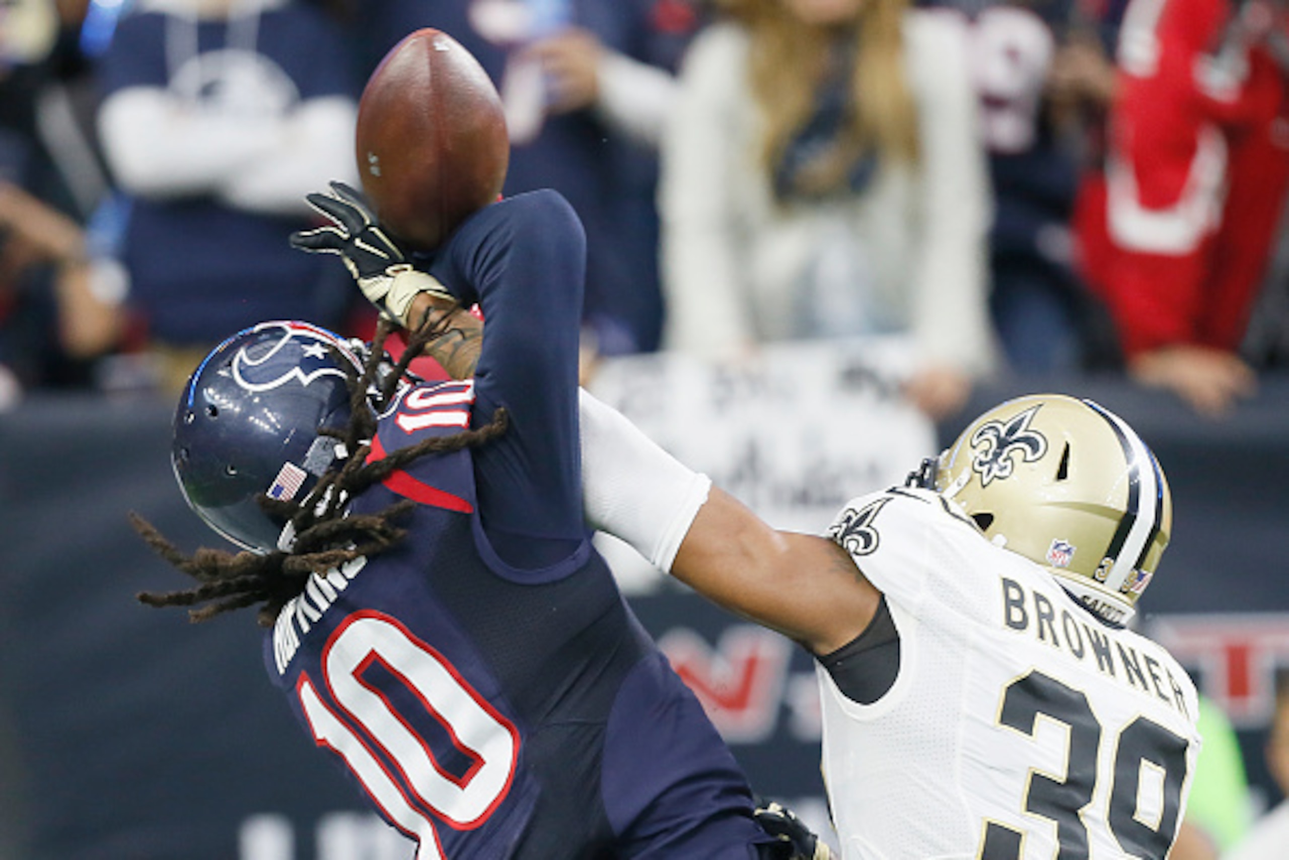 HOUSTON, TX - NOVEMBER 29: Brandon Browner #39 of the New Orleans Saints breaks up a pass for DeAndre Hopkins #10 of the Houston Texans in the third quarter on November 29, 2015 at NRG Stadium in Houston, Texas. (Photo by Bob Levey/Getty Images)