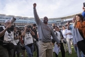 Dec 5, 2015; Waco, TX, USA; Texas Longhorns head coach Charlie Strong celebrates the win over the Baylor Bears at McLane Stadium. The Longhorns defeat the Bears 23-17. Mandatory Credit: Jerome Miron-USA TODAY Sports