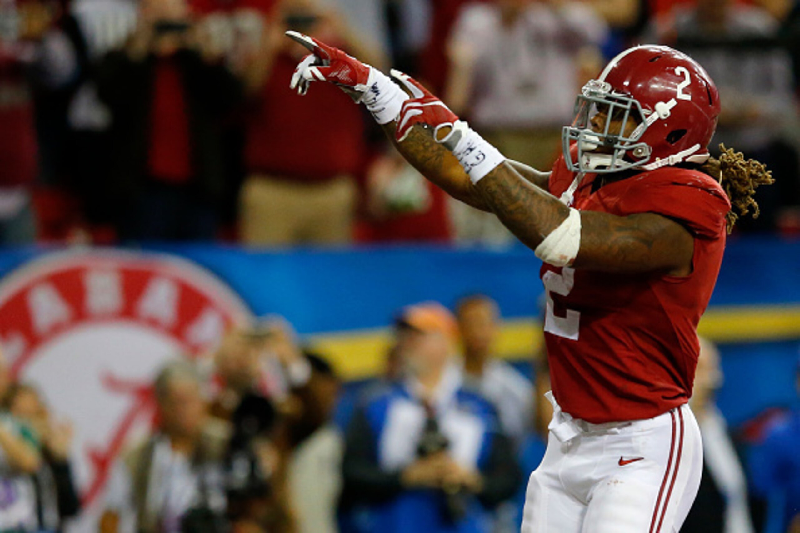 ATLANTA, GA - DECEMBER 5: Running back Derrick Henry #2 of the Alabama Crimson Tide celebrates after scoring a second quarter touchdown against the Florida Gators during the SEC Championship at the Georgia Dome on December 5, 2015 in Atlanta, Georgia. (Ph