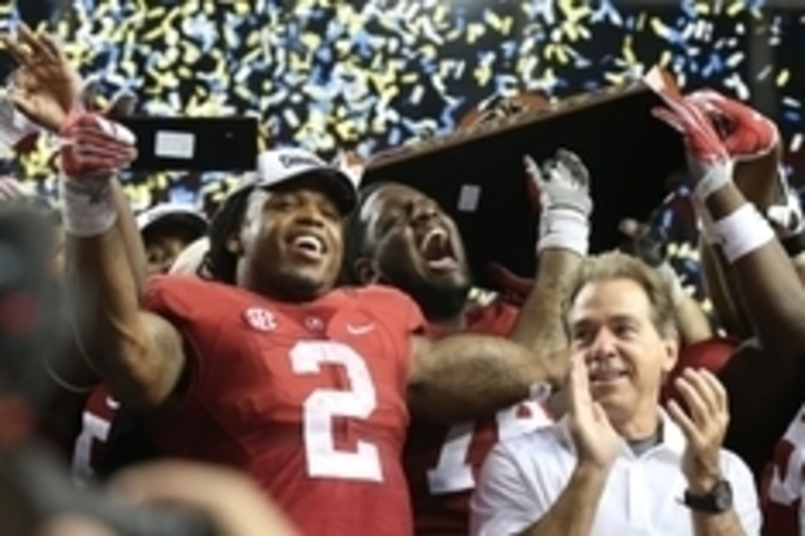 Dec 5, 2015; Atlanta, GA, USA; Alabama Crimson Tide running back Derrick Henry (2) celebrates with head coach Nick Saban following their win over the Florida Gators 29-15 in the 2015 SEC Championship Game at the Georgia Dome. Mandatory Credit: Butch Dill-