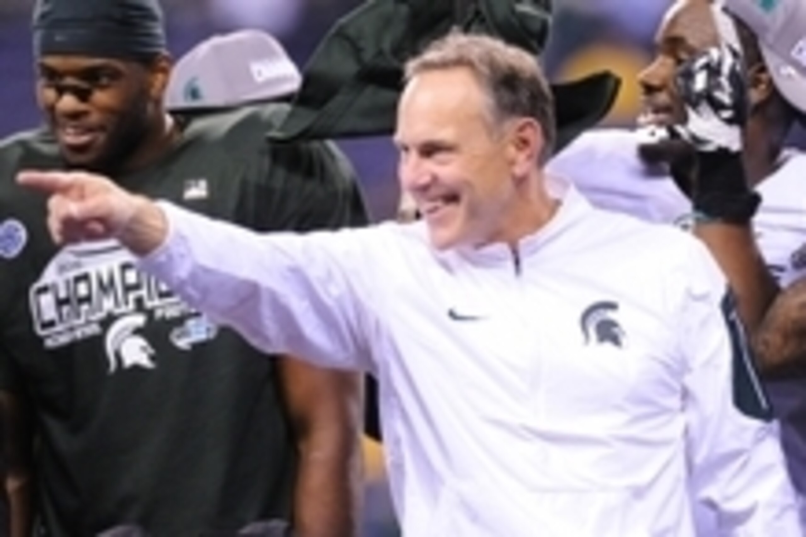 Dec 5, 2015; Indianapolis, IN, USA; Michigan State Spartans head coach Mark Dantonio celebrates after the game against the Iowa Hawkeyes in the Big Ten Conference football championship game at Lucas Oil Stadium.  Michigan State won 16-13. Mandatory Credit