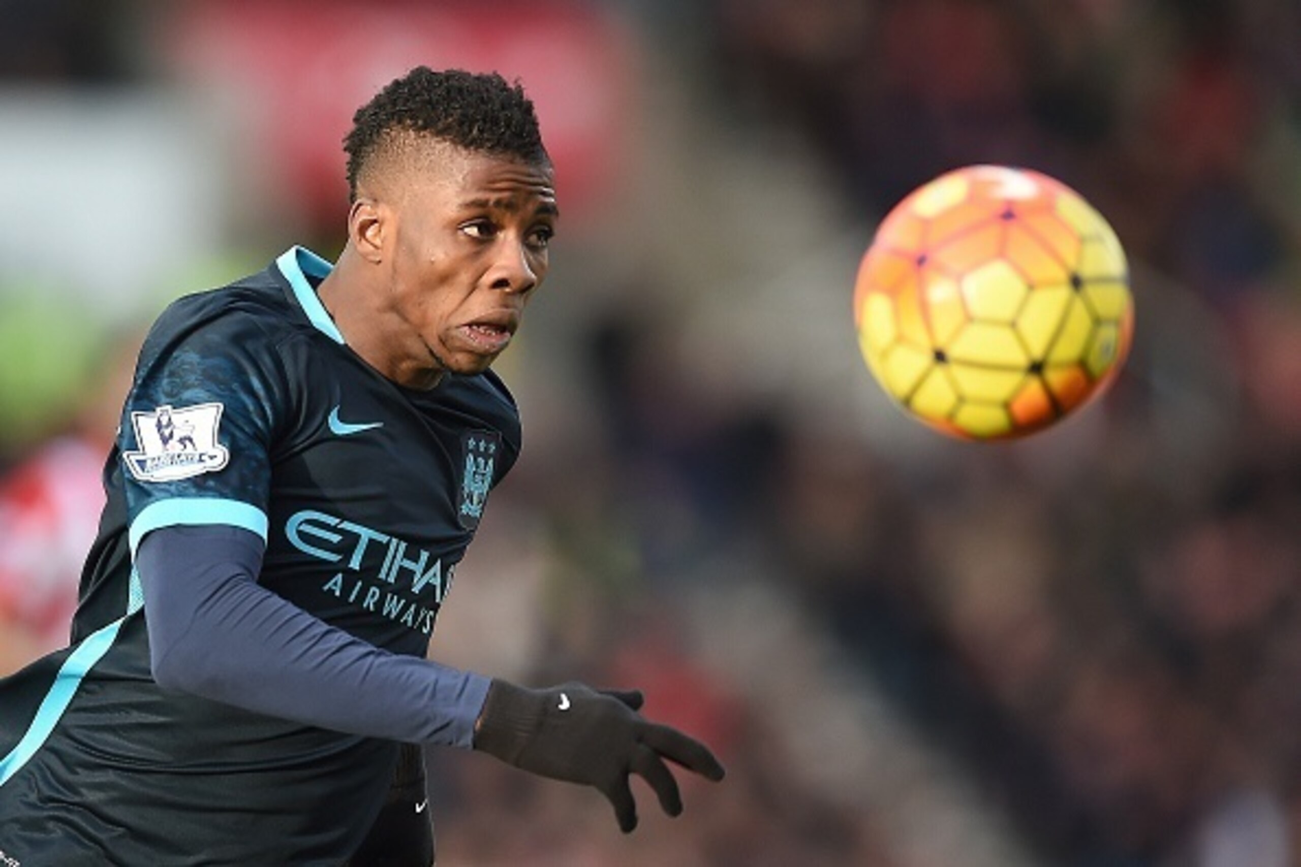 Manchester City's Nigerian striker Kelechi Iheanacho chases the ball during the English Premier League football match between Stoke City and Manchester City at the Britannia Stadium in Stoke-on-Trent, central England on December 5, 2015.      AFP PHOTO / 