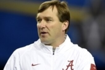 Dec 4, 2015; Atlanta , GA, USA; Alabama Crimson Tide defensive coordinator Kirby Smart works with his players during a walk through practice at Georgia Dome. The Alabama Crimson Tide will take on the Florida Gators in the SEC Championship Saturday. Mandat