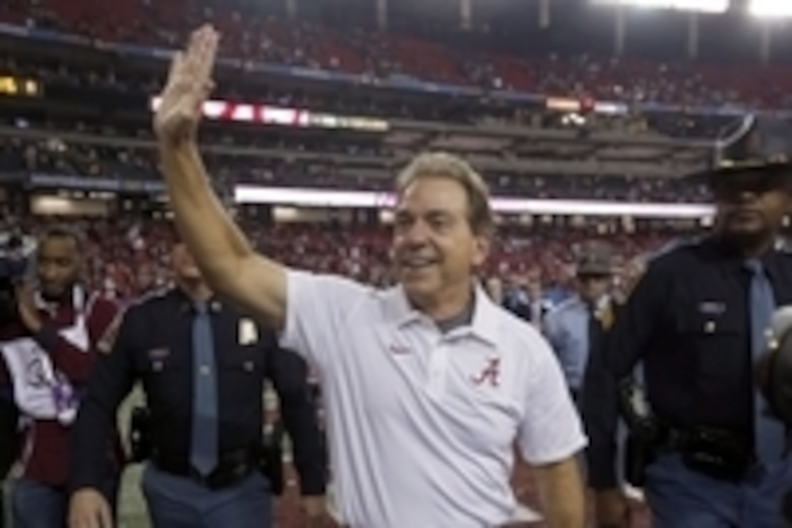 Dec 5, 2015; Atlanta, GA, USA; Alabama Crimson Tide head coach Nick Saban celebrates his 29-15 victory over the Florida Gators in the 2015 SEC Championship Game at the Georgia Dome. Mandatory Credit: Butch Dill-USA TODAY Sports