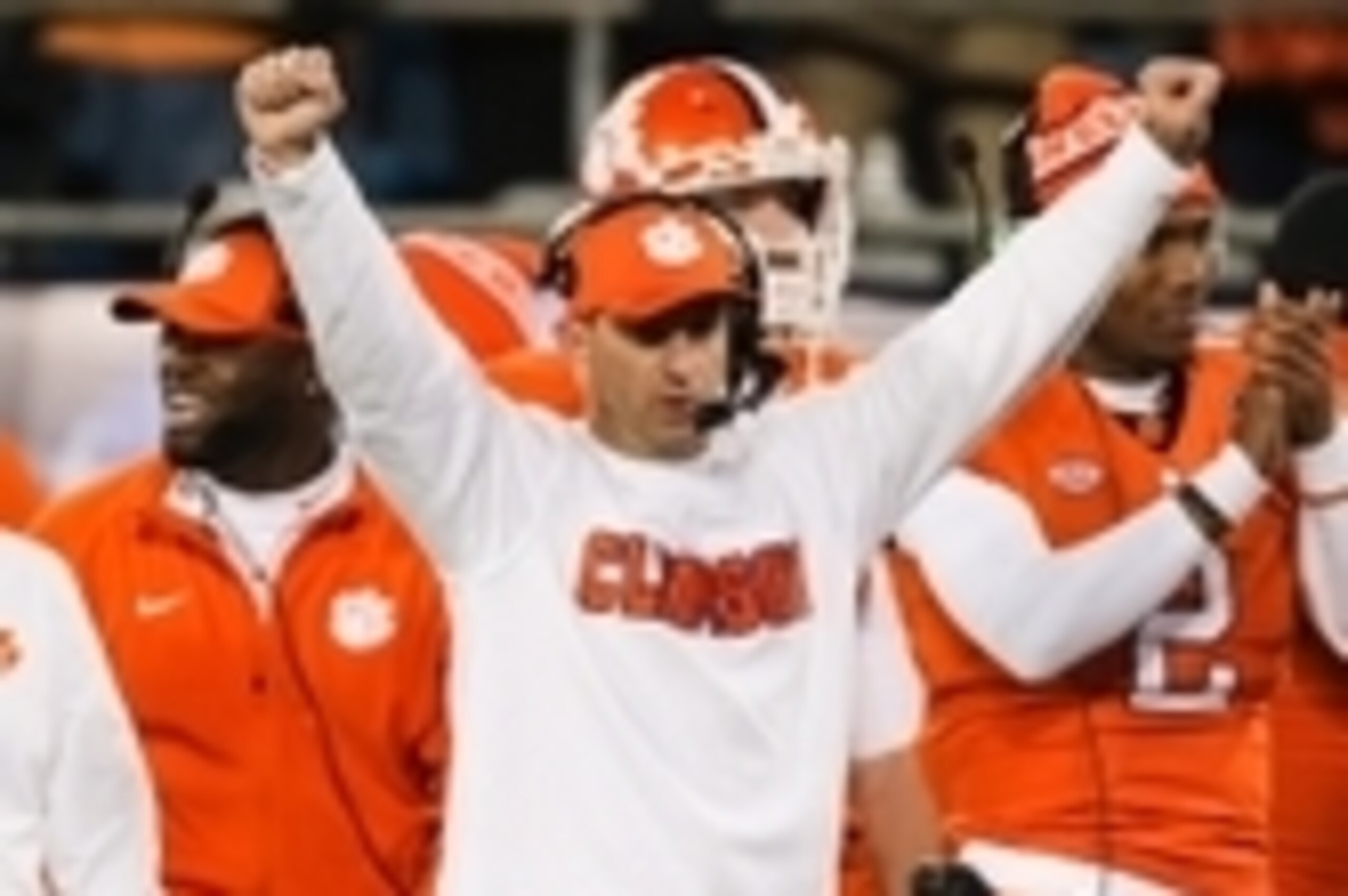 Dec 5, 2015; Charlotte, NC, USA; Clemson Tigers head coach Dabo Swinney celebrates on the sidelines after the ACC football championship game against the North Carolina Tar Heels at Bank of America Stadium. The Tigers won 45-37. Mandatory Credit: Jim Dedmo