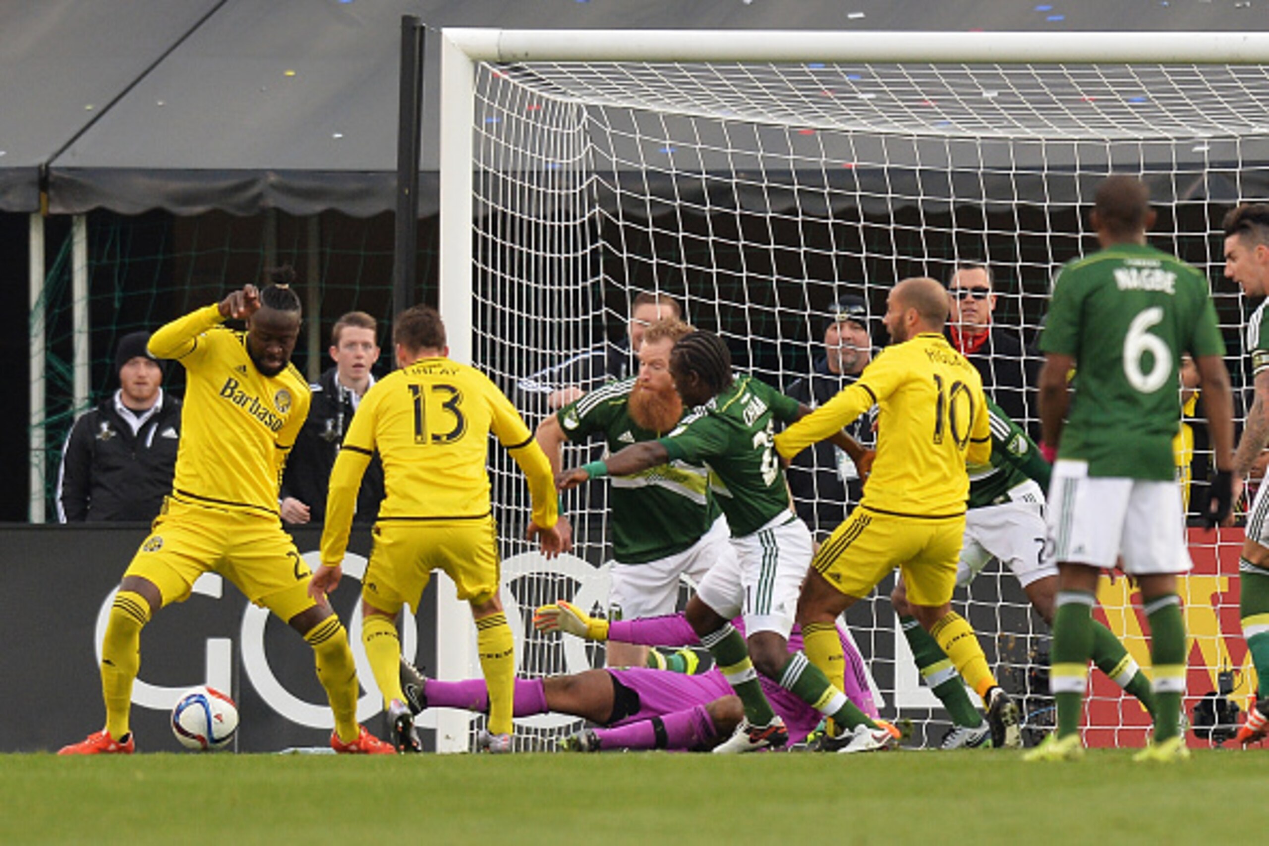 COLUMBUS, OH - DECEMBER 6:  Kei Kamara #23 of the Columbus Crew SC gets control of the ball moments before converting for a goal in the first half against the Portland Timbers on December 6, 2015 at MAPFRE Stadium in Columbus, Ohio.  (Photo by Jamie Sabau