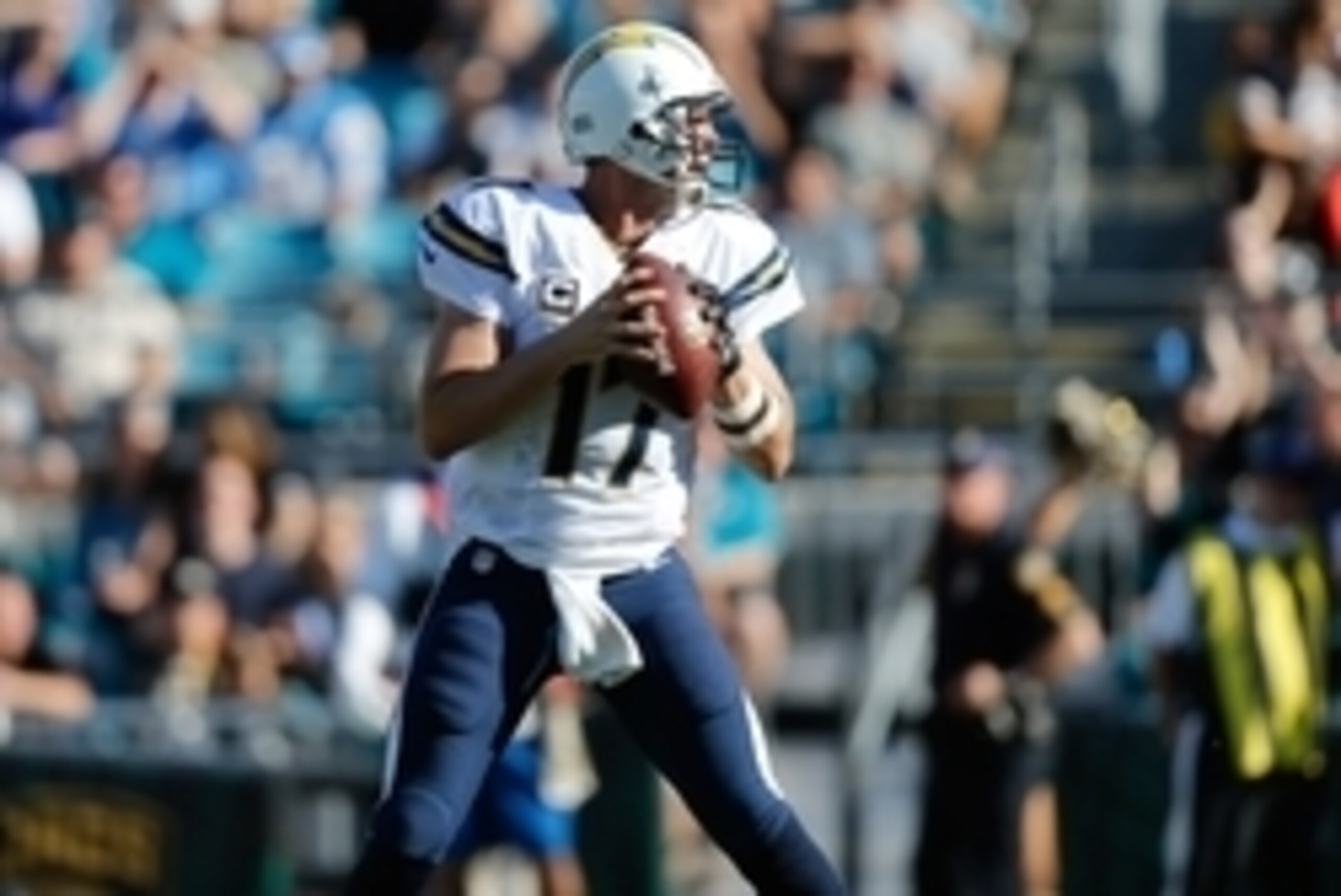 Nov 29, 2015; Jacksonville, FL, USA; San Diego Chargers quarterback Philip Rivers (17) drops back to pass against the Jacksonville Jaguars in the second quarter at EverBank Field. The Chargers won 31-25. Mandatory Credit: Jim Steve-USA TODAY Sports Nov 29, 2015; Jacksonville, FL, USA; San Diego Chargers quarterback Philip Rivers (17) drops back to pass against the Jacksonville Jaguars in the second quarter at EverBank Field. The Chargers won 31-25. Mandatory Credit: Jim Steve-USA TODAY Sports