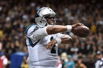 NEW ORLEANS, LA - DECEMBER 06:  Cam Newton #1 of the Carolina Panthers celebrates a touchdown during the fourth quarter of a game against the New Orleans Saints at the Mercedes-Benz Superdome on December 6, 2015 in New Orleans, Louisiana. Carolina won the