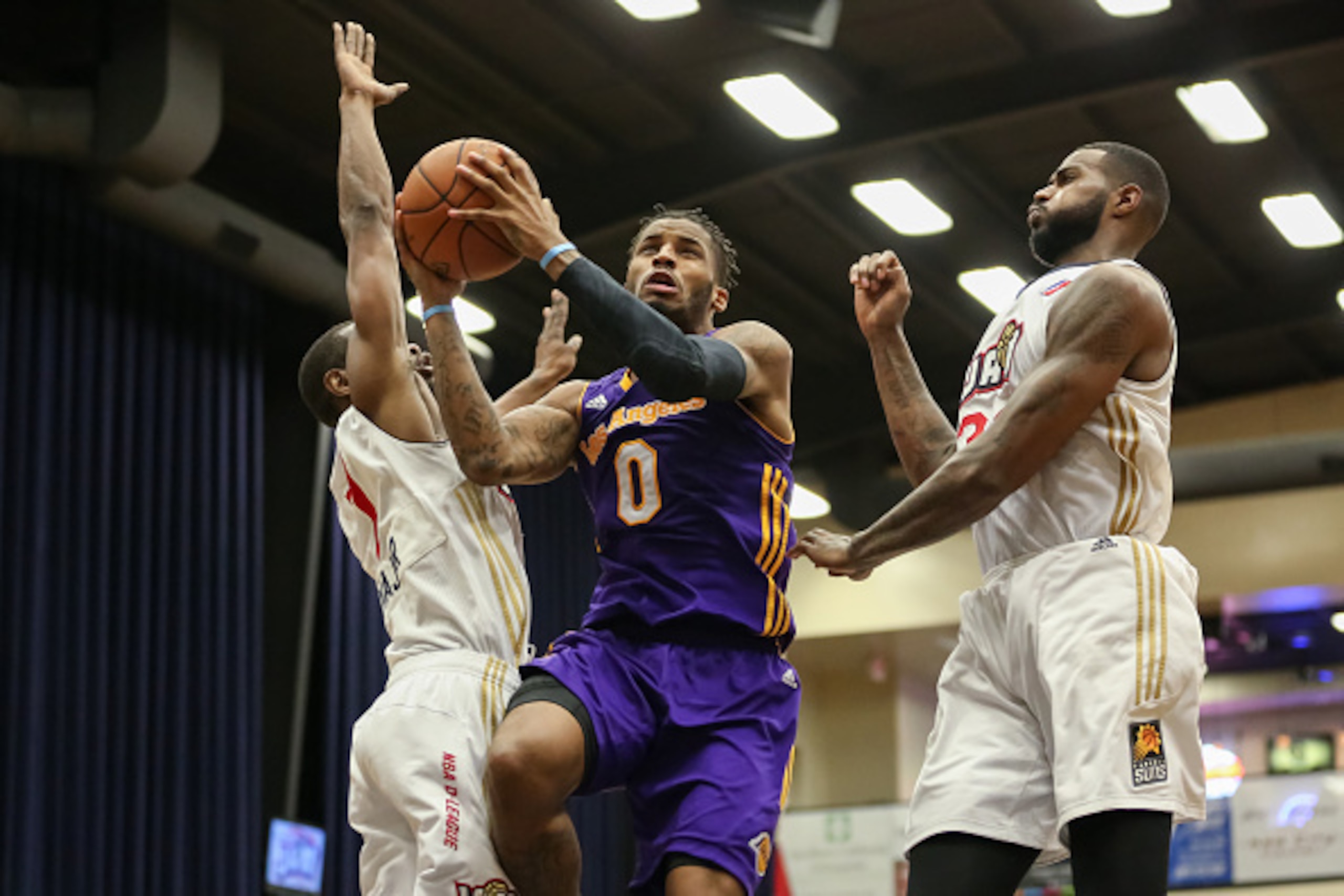 BAKERSFIELD, CA - DECEMBER 4:  Vander Blue #0 of the Los Angeles DFenders drives to the basket against the Bakersfield Jam at Dignity Health Event Center on Dec 4, 2015 in Bakersfield, California. NOTE TO USER: User expressly acknowledges and agrees that,