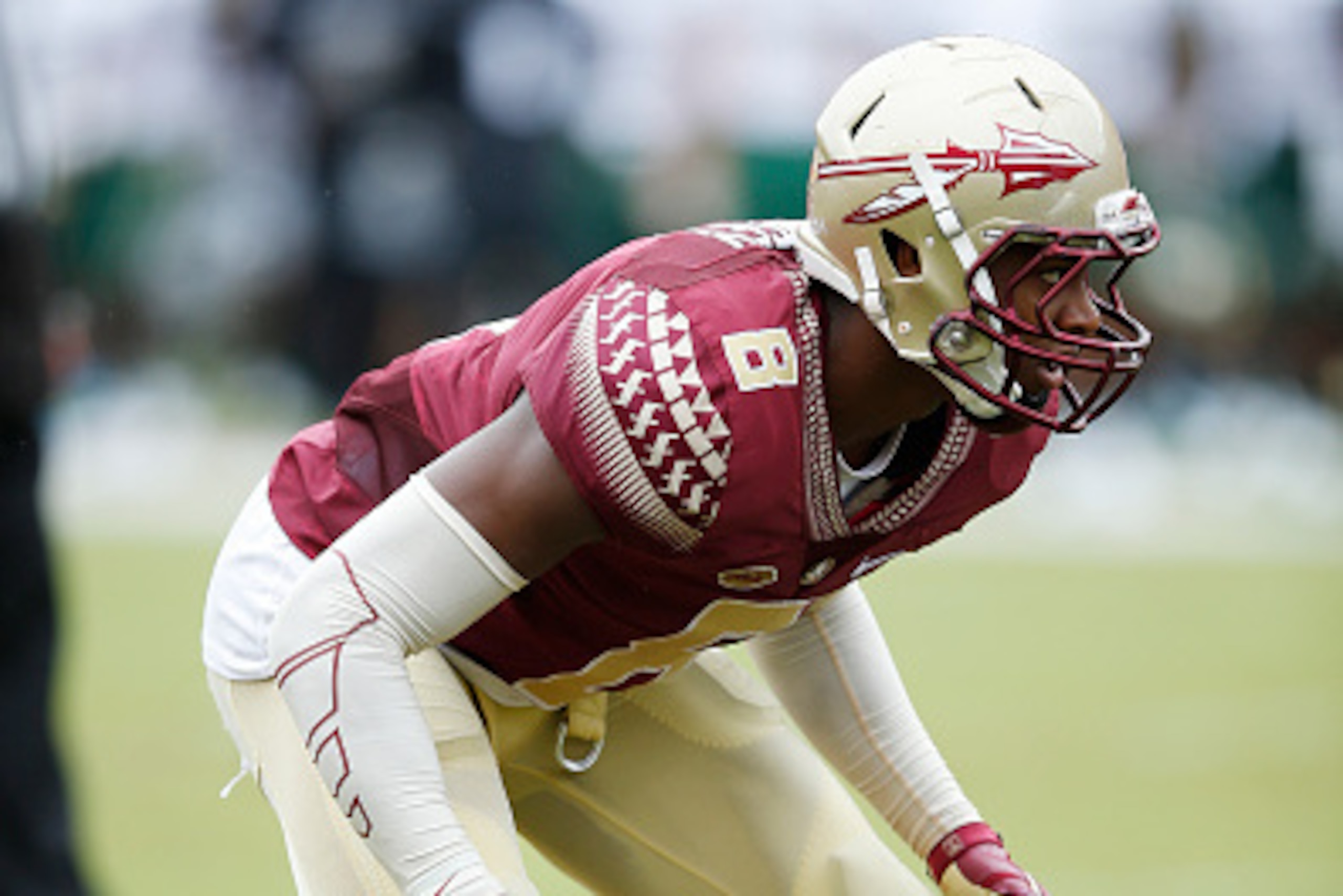 TALLAHASSEE, FL - SEPTEMBER 12: Jalen Ramsey #8 of the Florida State Seminoles in action against the South Florida Bulls during the game at Doak Campbell Stadium on September 12, 2015 in Tallahassee, Florida. Florida State defeated South Florida 34-14. (P