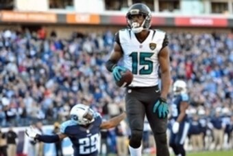 Dec 6, 2015; Nashville, TN, USA; Jacksonville Jaguars wide receiver Allen Robinson (15) after scoring touchdown against the Tennessee Titans during the second half at Nissan Stadium. Tennessee won 42-39. Mandatory Credit: Jim Brown-USA TODAY Sports