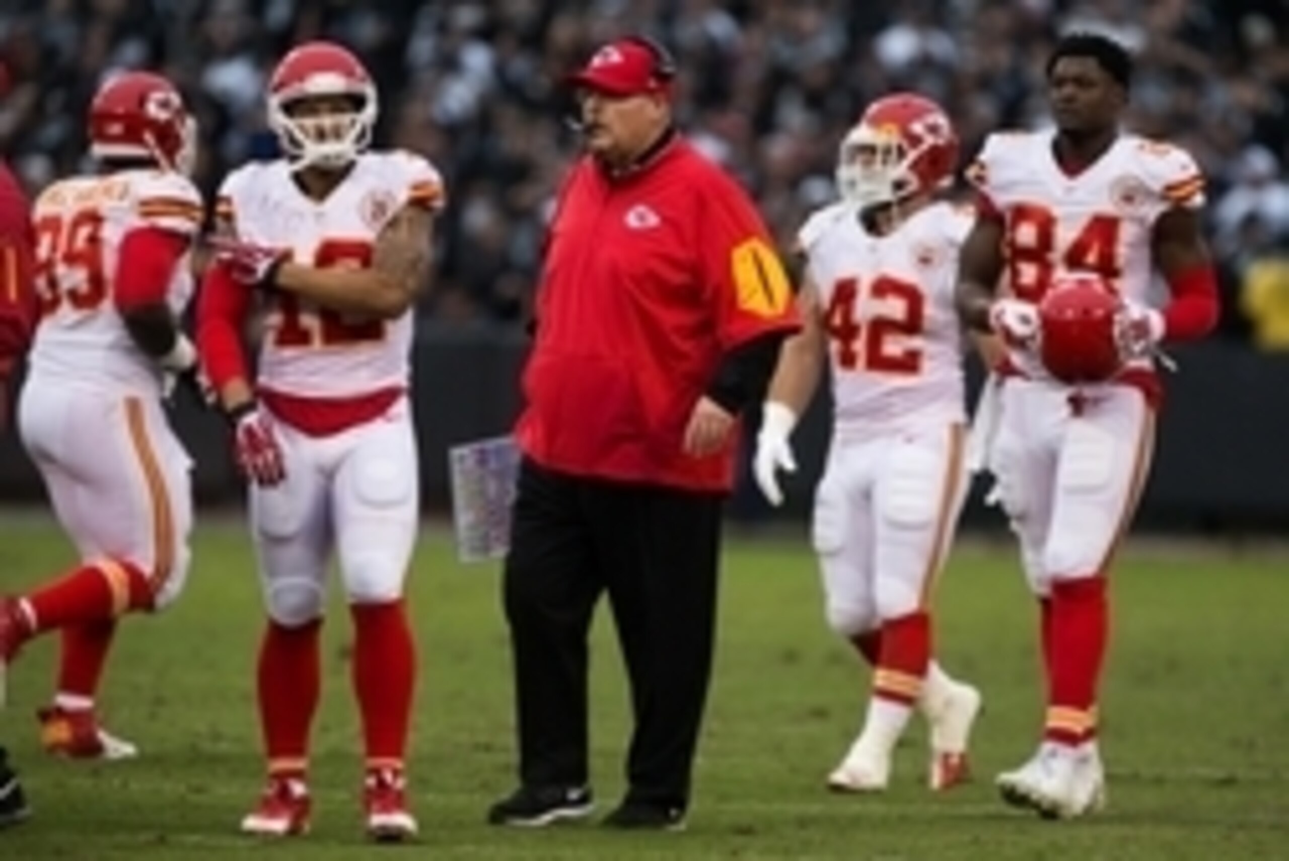 Dec 6, 2015; Oakland, CA, USA; Kansas City Chiefs head coach Andy Reid on the field during the third quarter against the Oakland Raiders at O.co Coliseum. The Kansas City Chiefs defeated the Oakland Raiders 34-20. Mandatory Credit: Kelley L Cox-USA TODAY 