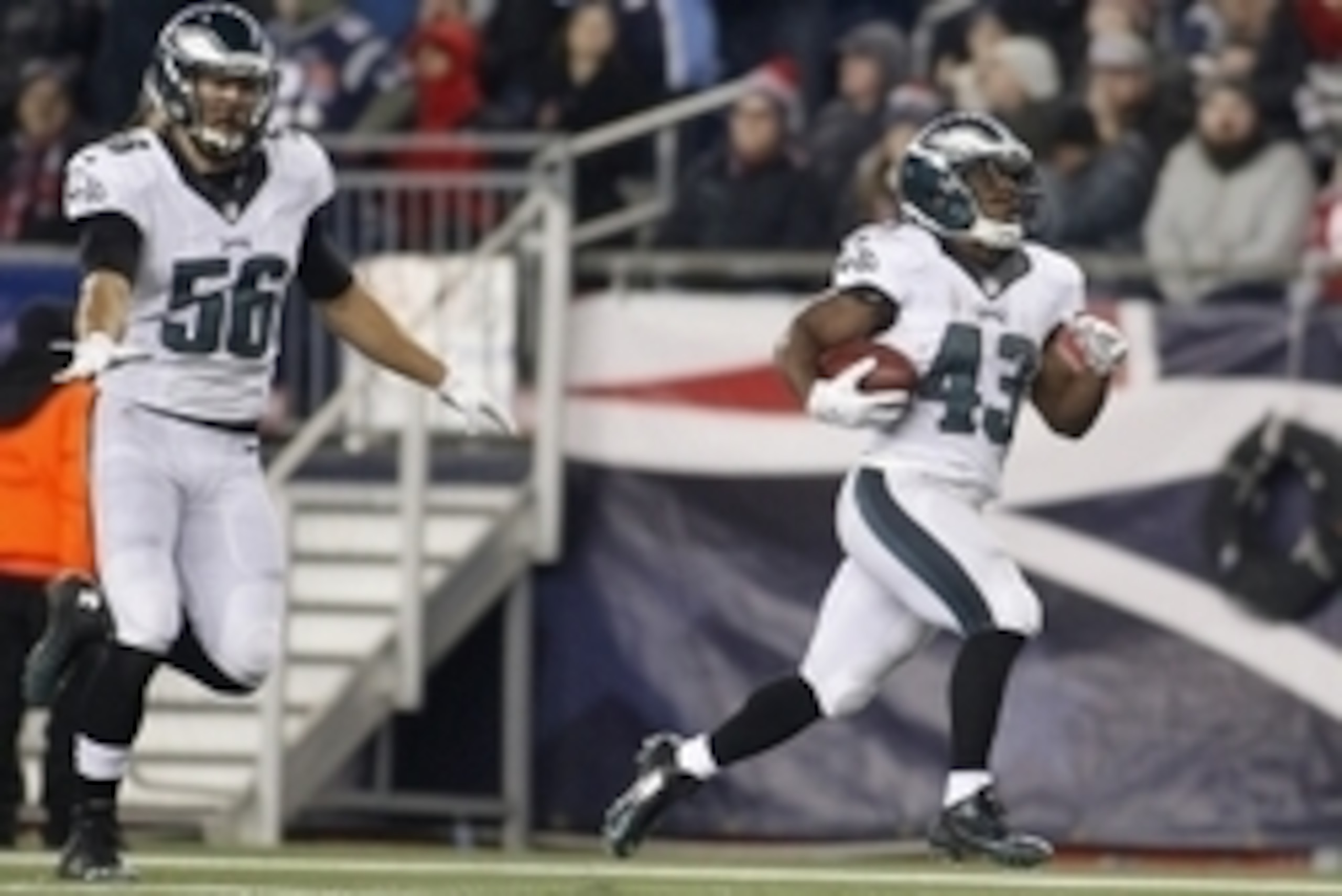 Dec 6, 2015; Foxborough, MA, USA; Philadelphia Eagles running back Darren Sproles (43) returns a punt for a touchdown against the New England Patriots during the third quarter at Gillette Stadium. Mandatory Credit: Stew Milne-USA TODAY Sports
