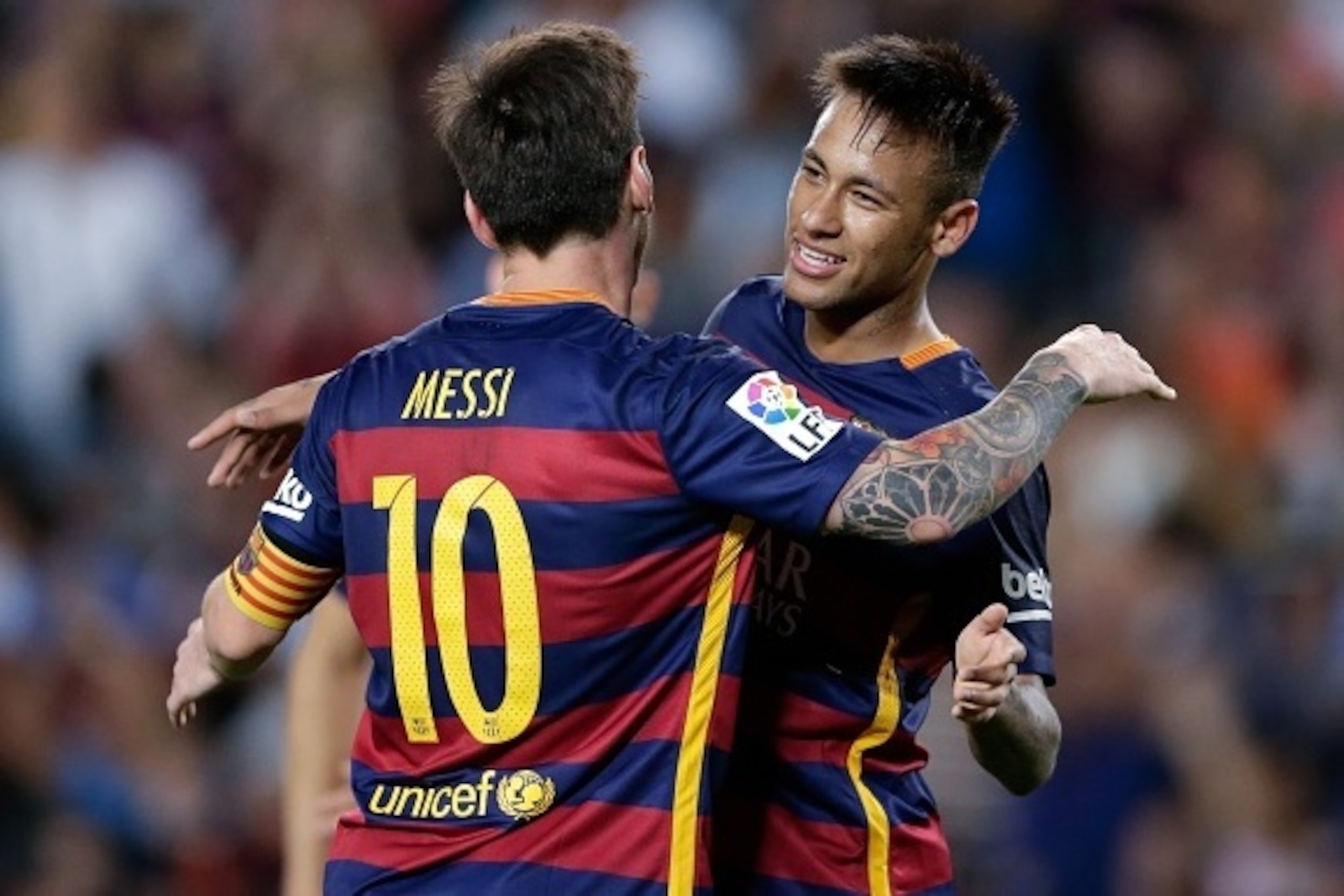 (L-R) Lionel Messi of FC Barcelona, Neymar da Silva Santos Junior of FC Barcelona during the Primera Division match between FC Barcelona and Levante UD on September 20, 2015 at Camp Nou stadium in Barcelona, Spain.(Photo by VI Images via Getty Images)