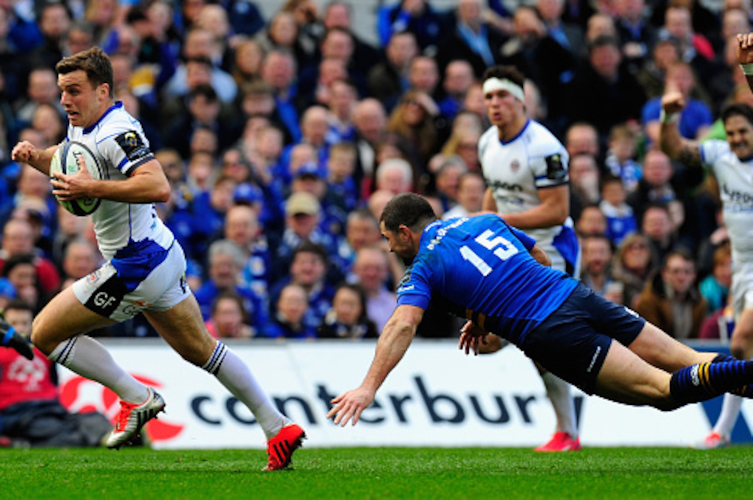 DUBLIN, IRELAND - APRIL 04:  Bath player George Ford races through to score the first try during the European Rugby Champions Cup Quarter Final match between Leinster Rugby and Bath Rugby at Aviva Stadium on April 4, 2015 in Dublin, Ireland.  (Photo by St