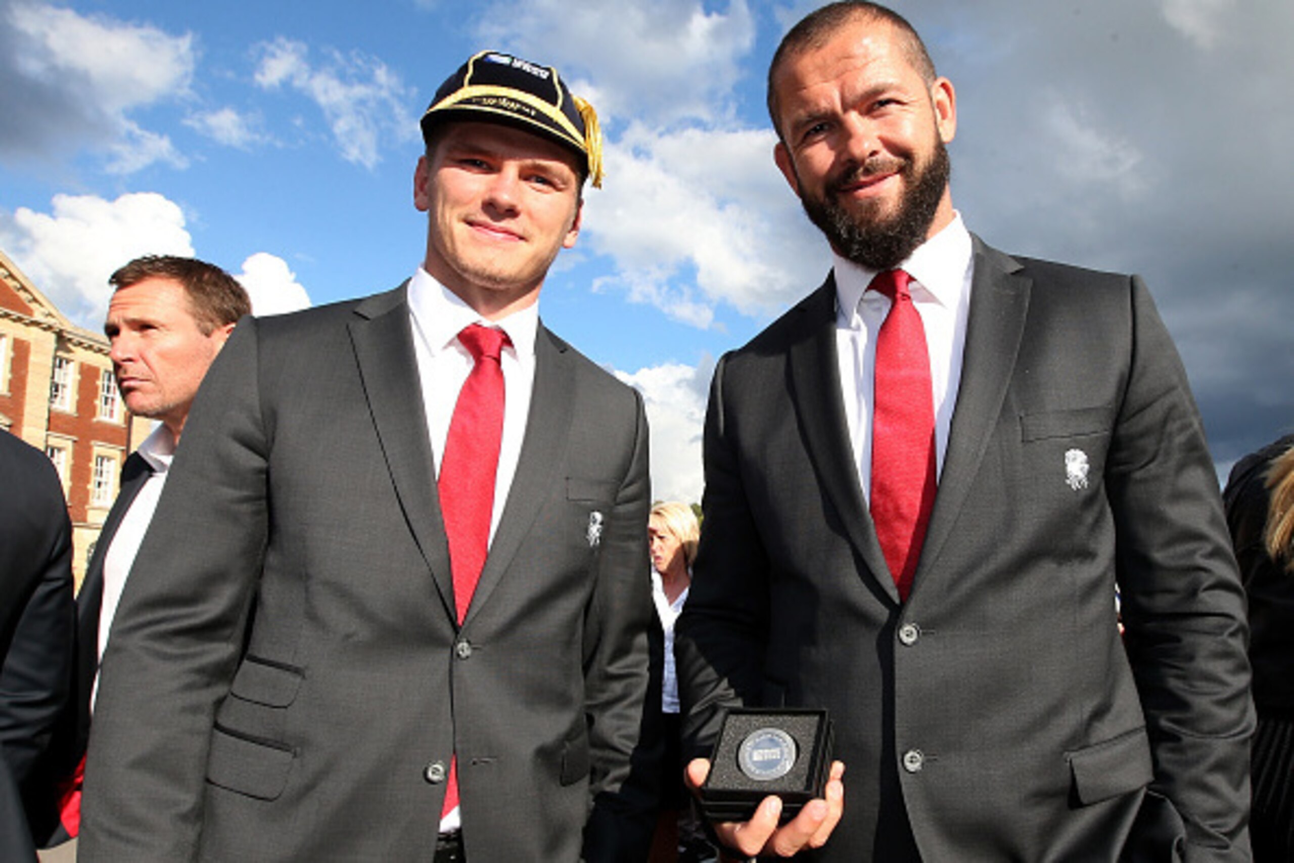 SANDHURST, ENGLAND - SEPTEMBER 12:  Owen Farrell (L) and his father Andy Farrell, backs coach of the England 2015 World Cup Rugby squad pose at Sandhurst Millitary College for their official welcoming ceremony on September 12, 2015 in Sandhurst, England. 
