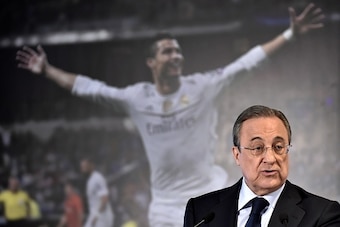 Real Madrid's president Florentino Perez speaks during a ceremony to celebrate Portuguese forward Cristiano Ronaldo's achievement as Real Madrid's all-time leading scorer at the Santiago Bernabeu stadium in Madrid on October 2, 2015. Cristiano Ronaldo sur