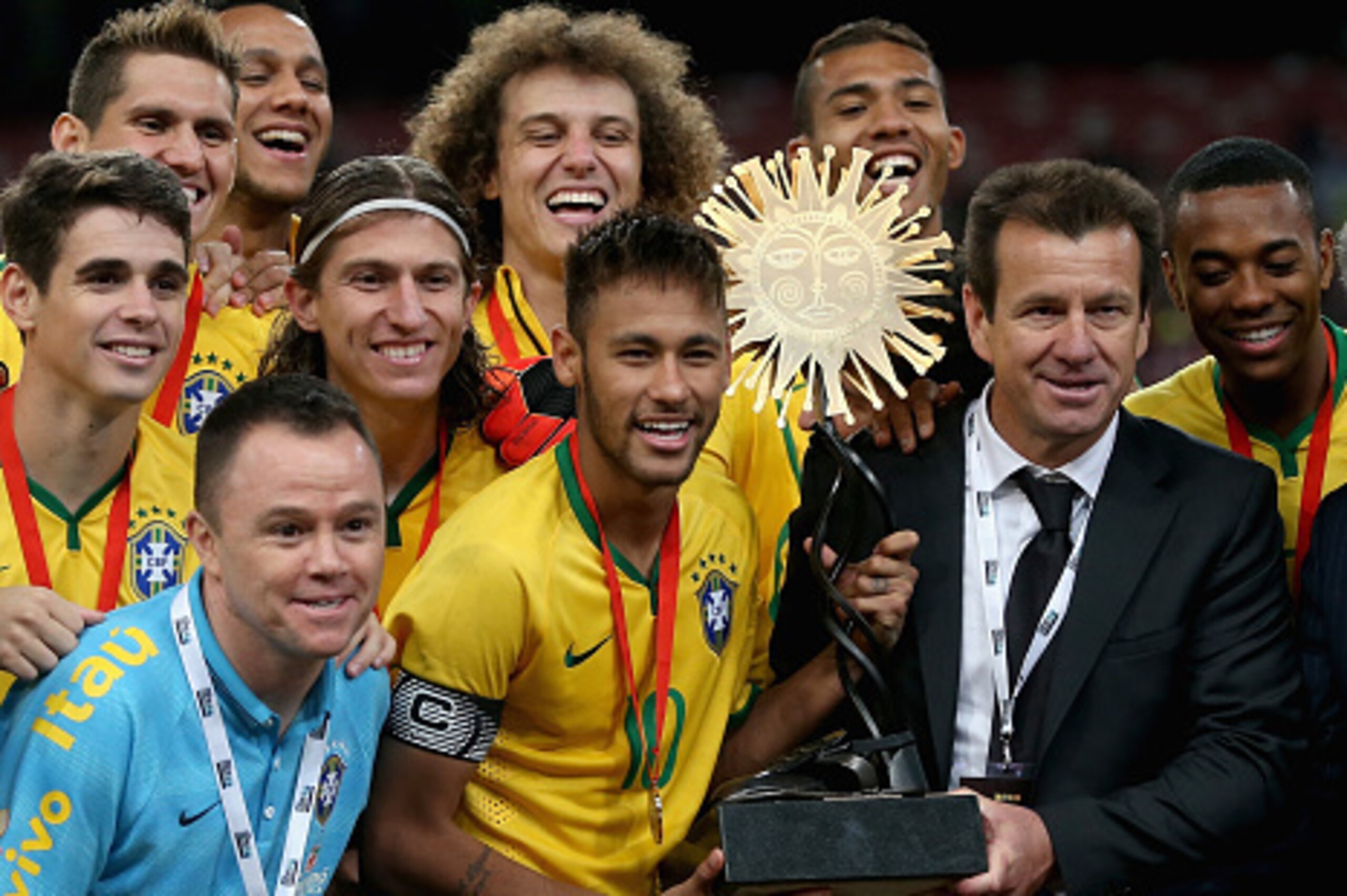 BEIJING, CHINA - OCTOBER 11:  Team of Brazil celebrates winning Super Clasico de las Americas between Argentina and Brazil at Beijing National Stadium on October 11, 2014 in Beijing, China.  (Photo by Feng Li/Getty Images)