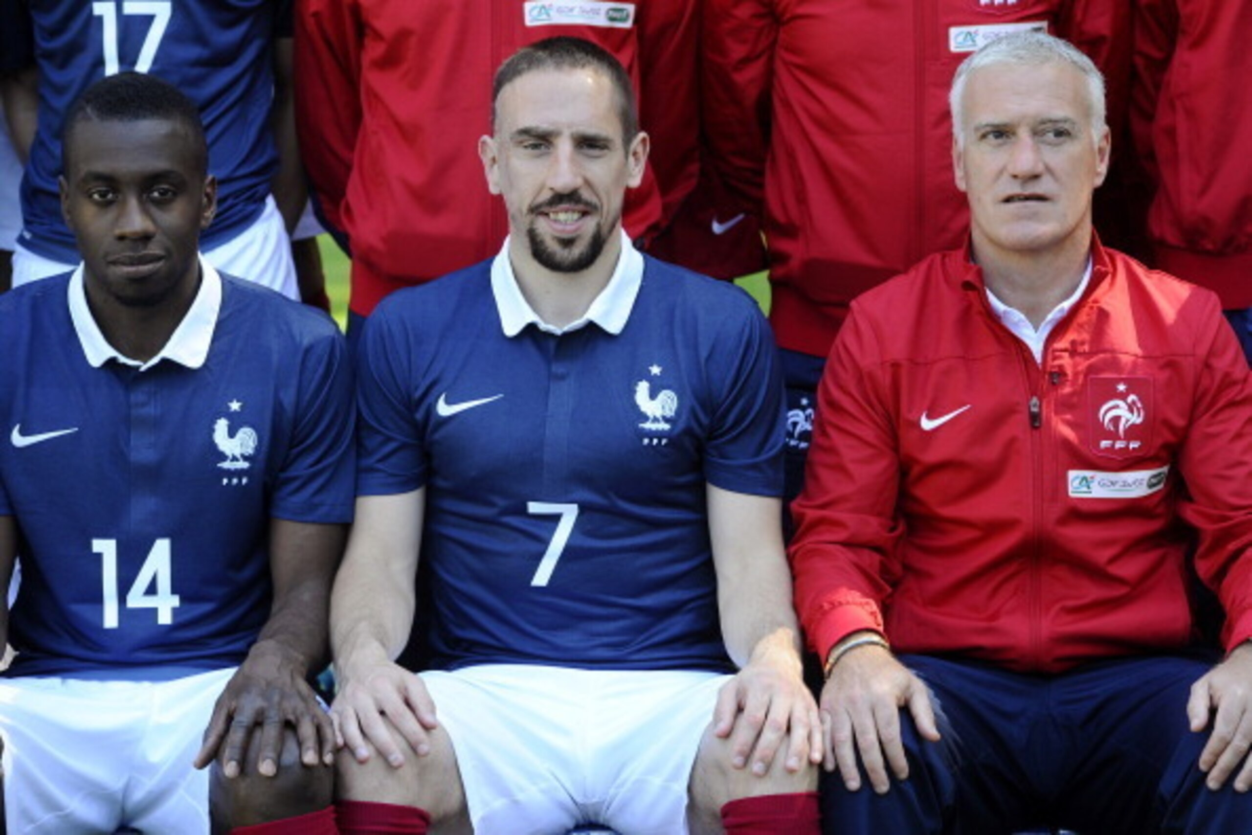 CLAIRFONTAINE EN YVELINES, FRANCE - JUNE 06: France's national football team players (L-R), midfielder Blaise Matuidi,   forward Franck Ribery, head coach Didier Deschamps, midfielder Yohan Cabaye pose for a team group photo at the French national footbal